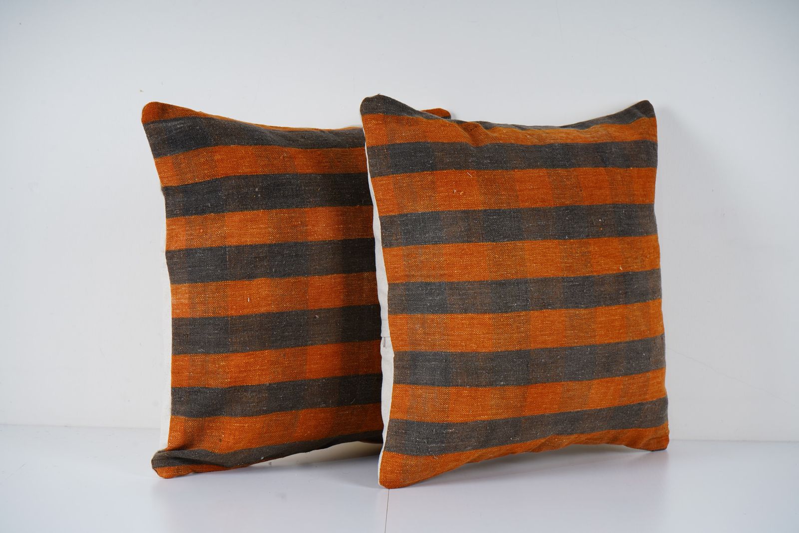 Set Of Two Striped Organic Wool Outdoor Turkish Striped Pillow Covers, Pair Anatolian Minimalist Old Kilim Pillow Cover photo 100.0