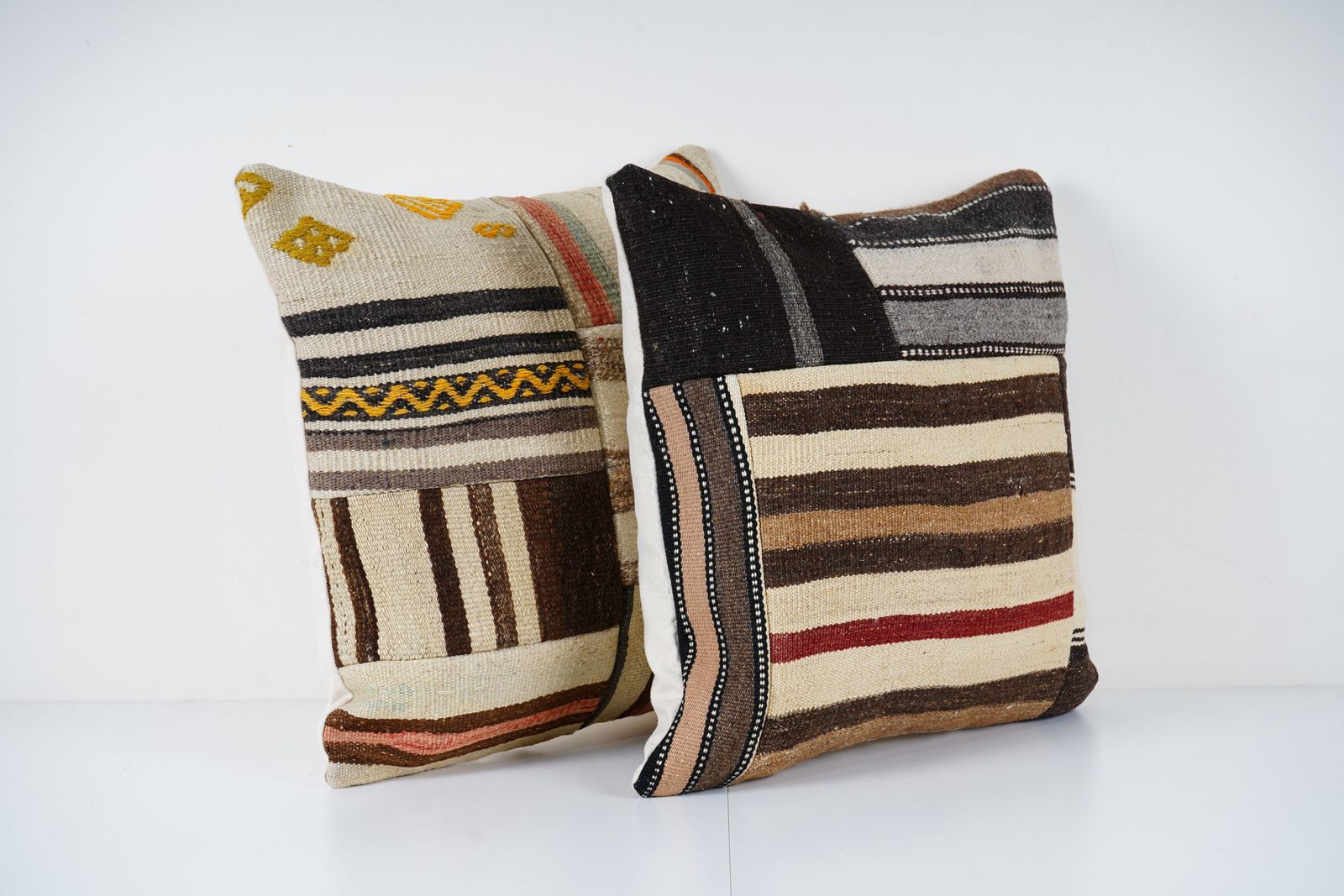Vintage Turkish Handmade Large Patchwork Cushion, Set Of Two Flat Weave Kilim Rug Fregment Pillow, Pair Boho Home Decor photo Textiles