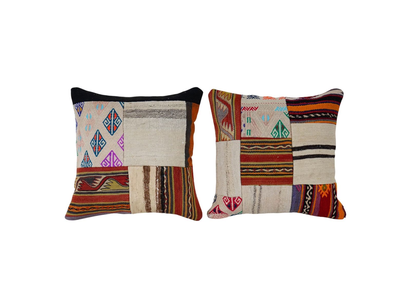 Vintage Turkish Patchwork Pillow, Set Of Two Bohemian Wool Designer Cushion Cover