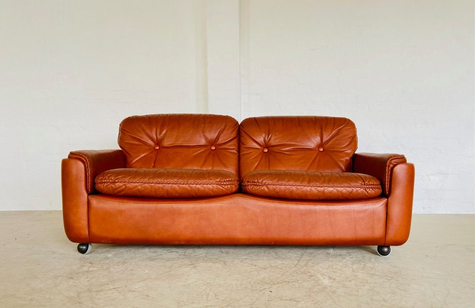 Vintage Danish Mid Century Cognac  Leather 2 Seater Sofa By Siguard Ressell