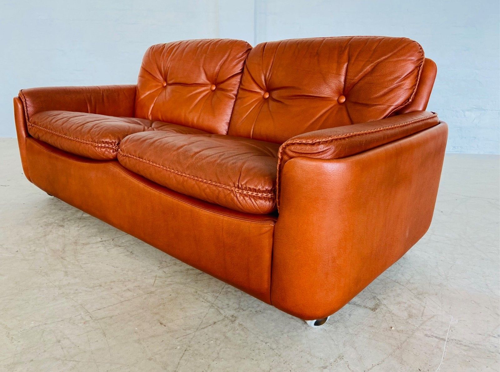 photo buy Vintage Danish Mid Century Cognac  Leather 2 Seater Sofa By Siguard Ressell