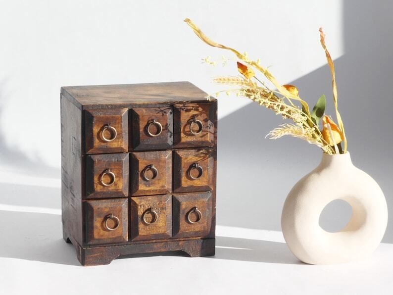 Small Apothecary With 9 Drawers With Metal Handles, Vintage Wooden Medicine Chest, Old Cabinet