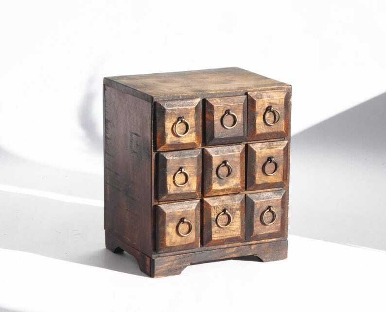 Small Apothecary With 9 Drawers With Metal Handles, Vintage Wooden Medicine Chest, Old Cabinet photo furniture