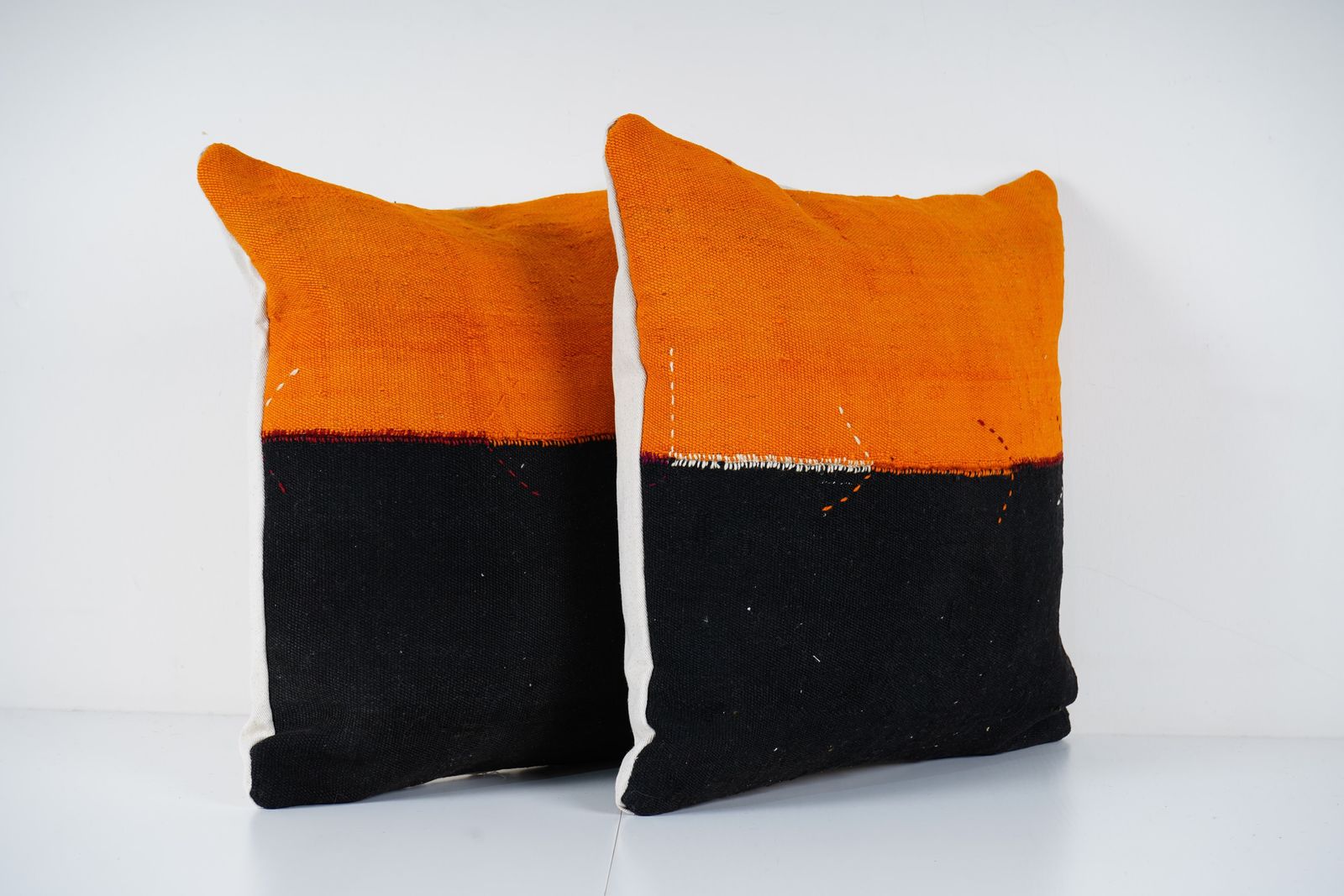 Orange And Black Turkish Kilim Pillow   Set Of Two Handmade Geometric Design Cushion Cover photo Textiles