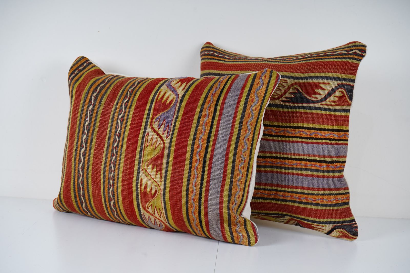 Traditional Turkish Decorative Kilim Pillow, Set Of Two Anatolian Striped Square Kilim Pillow Cover photo for sale