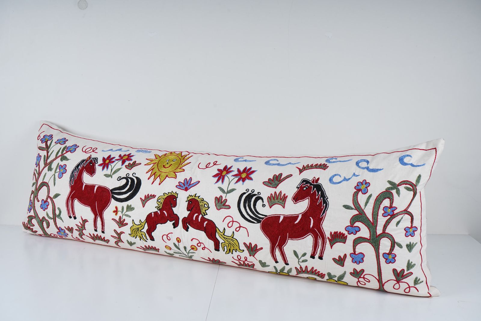 Suzani Animal Art Pillow Cover   Uzbekistan Cotton Tapestry, Colorful Horse Design For Boho Decor photo 150.0