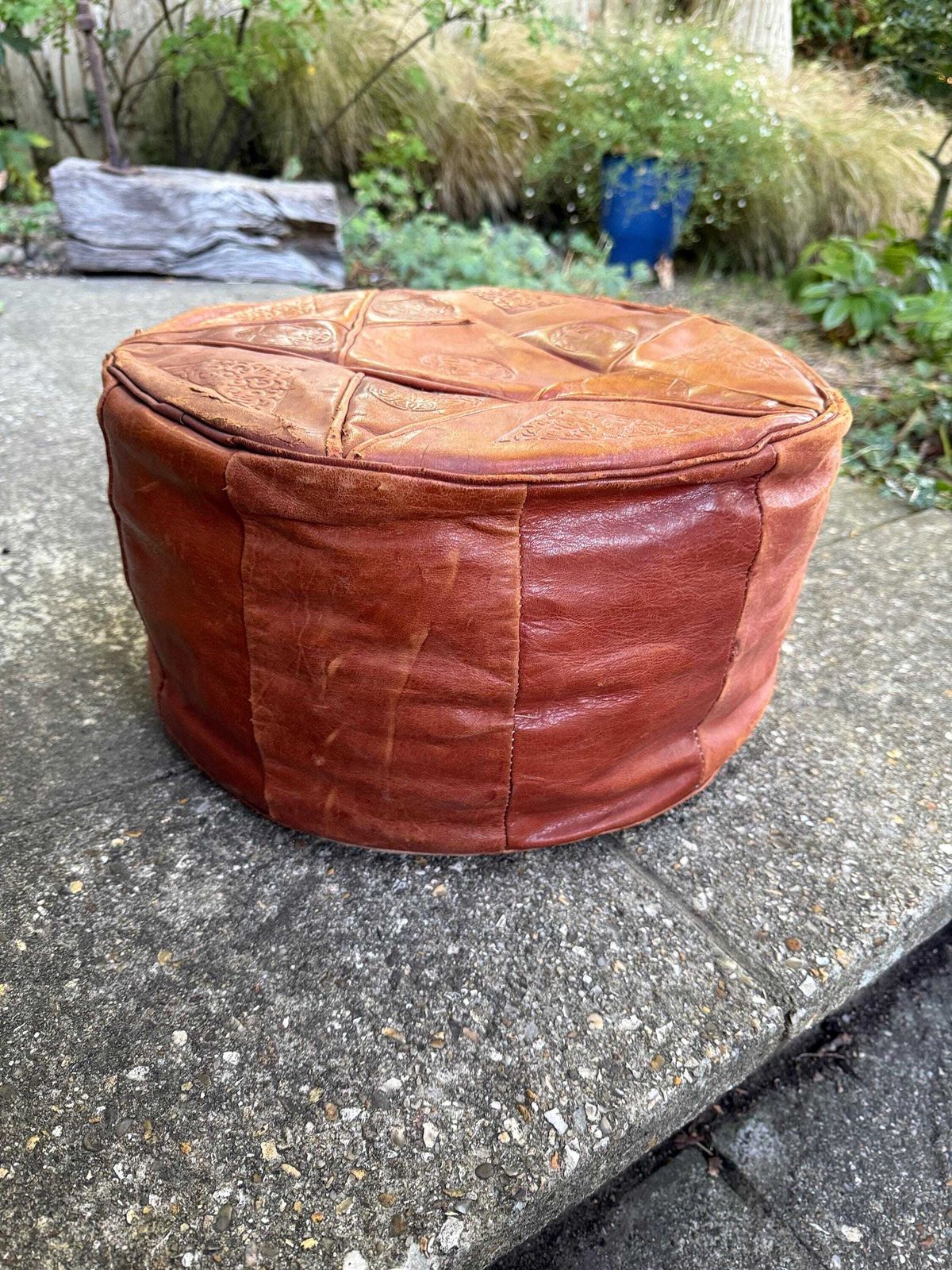 Vintage Leatherette Moroccan Style Pouf – Embossed Tan Footstool With Threaded Base, Rustic And Comfy photo buy