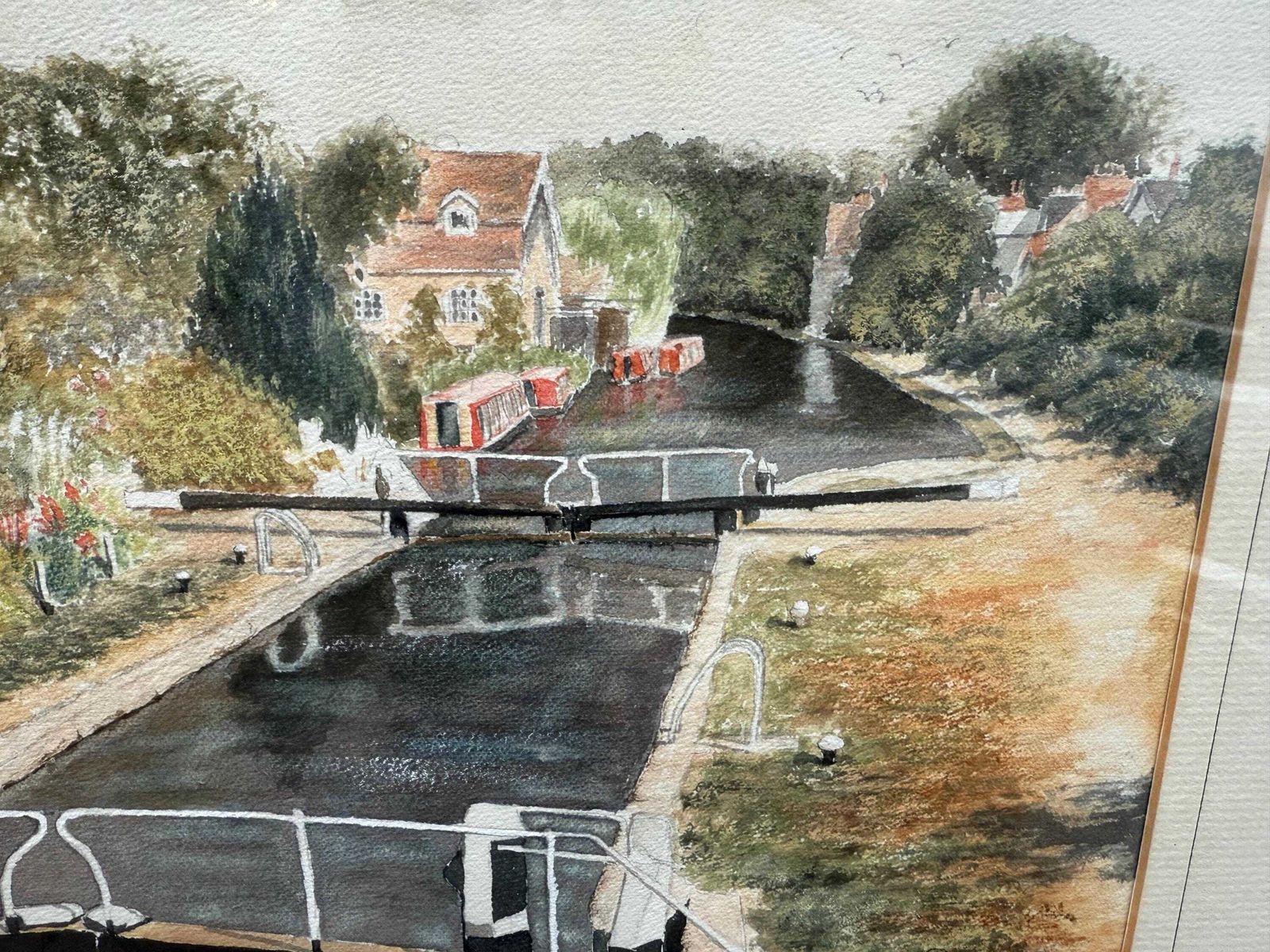 photo furniture Framed Canal Lock Watercolour By Thelma Dudley, Signed 1996, English Cottage Scene With Narrowboats, Traditional Landscape Art