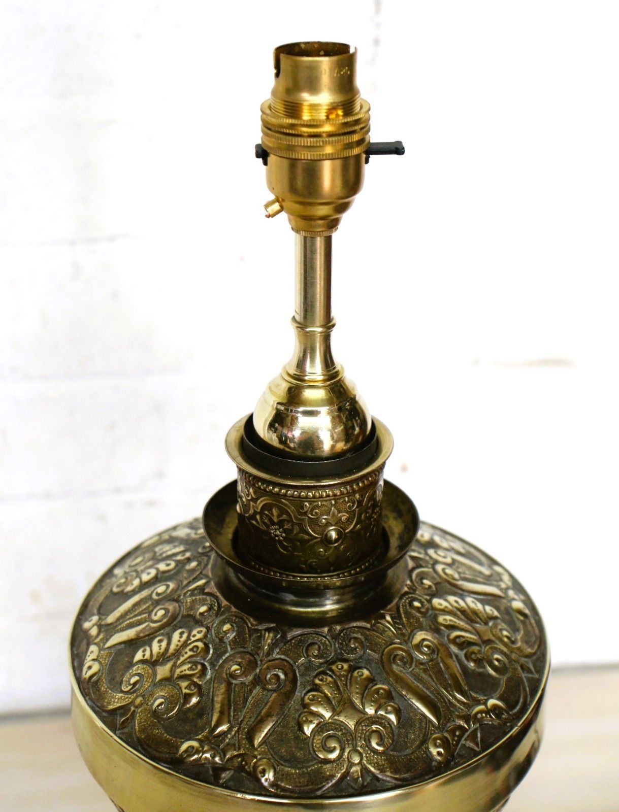 Table Lamp Ornate Victorian Brass Oil Lamp Conversion  Chased Decorations Large photo vintage