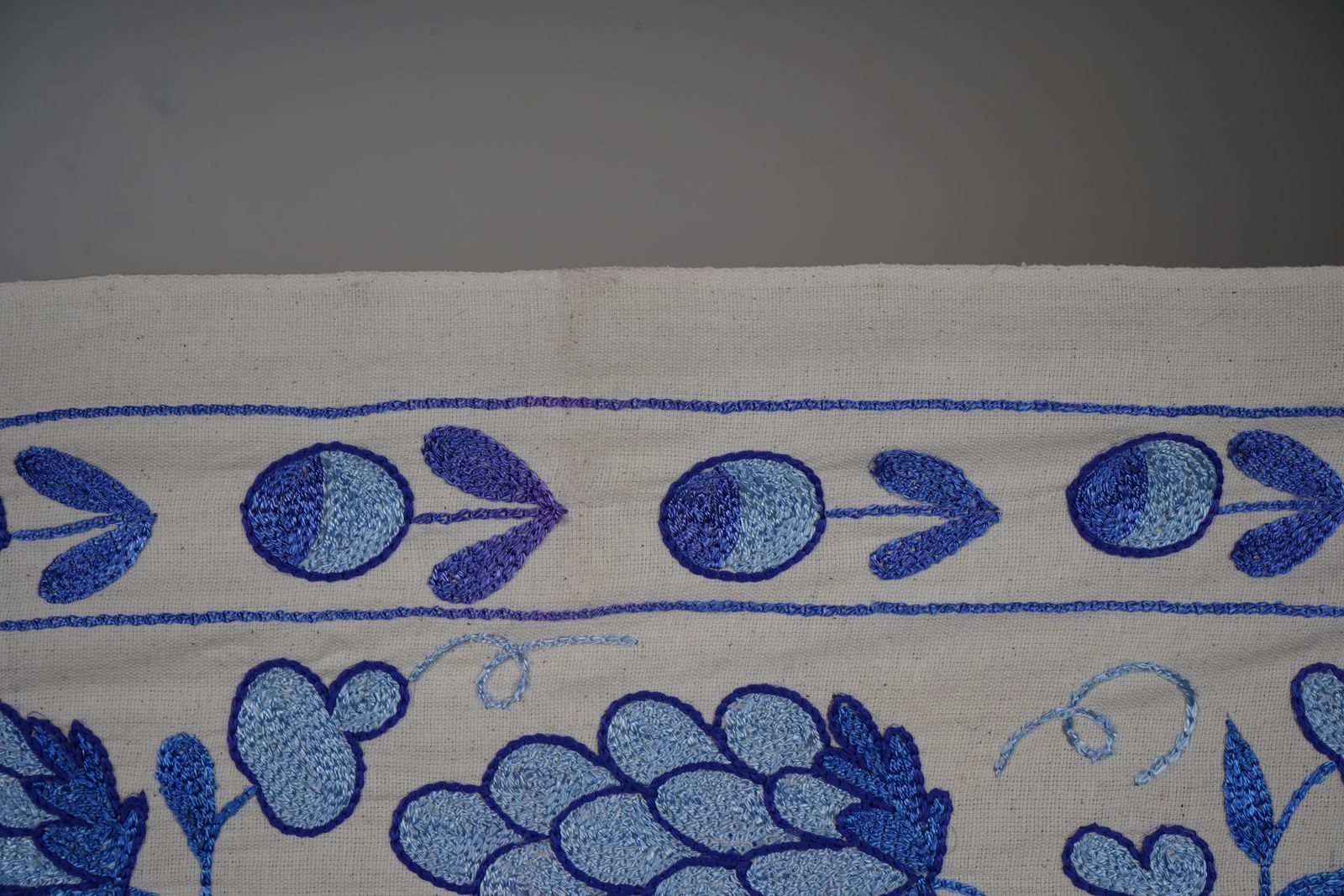 Hand Embroidered Suzani Table Runner – Blue Floral Grape Motif – Boho Uzbek Home Decor 1'4'' X 5'8'' photo vintage