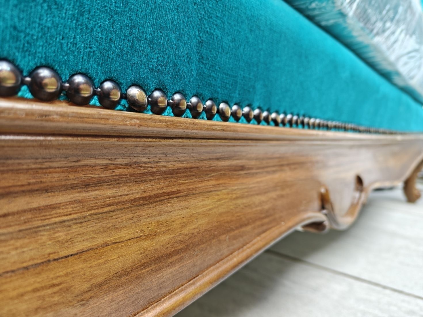 Rose Wood Recliner Sofa With New Turquoise Upholstery, New Mattress Included. photo Furniture