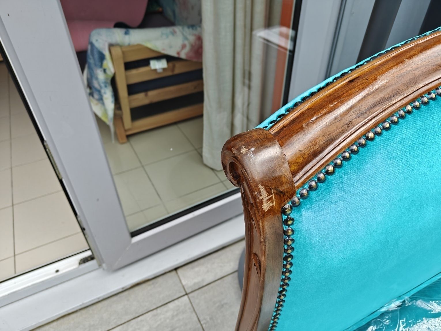 Rose Wood Recliner Sofa With New Turquoise Upholstery, New Mattress Included. photo vintage