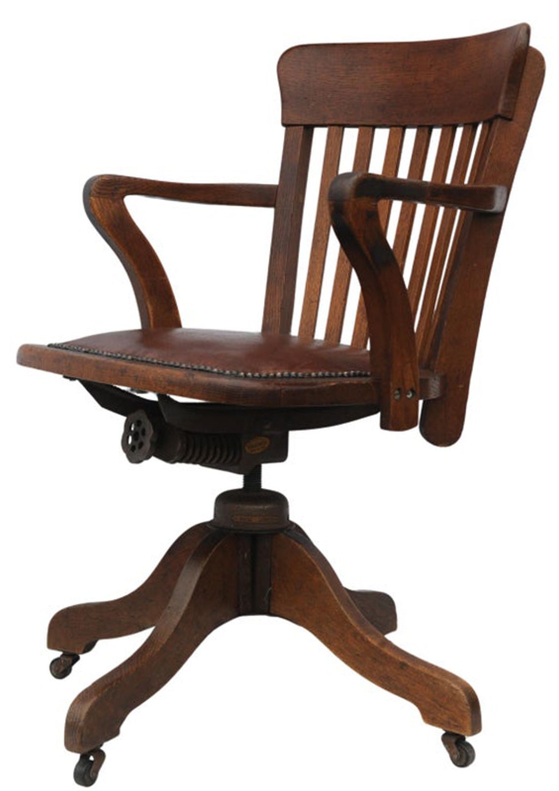 Early 20th Century Hillcrest Oak Rail Revolving Desk Chair With Polished Brown Leather Seat Finished With Brass Studs photo for sale
