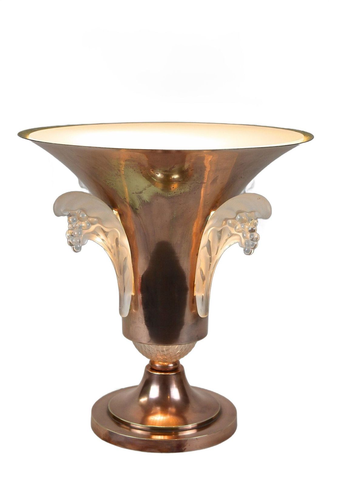 20th Century Art Deco Copper Table Lamp With Lalique Glass, France Ca 1920