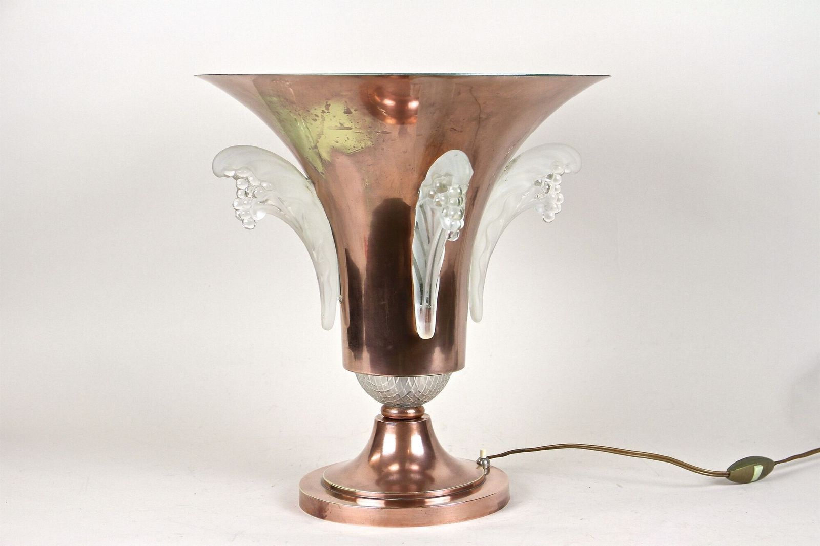 20th Century Art Deco Copper Table Lamp With Lalique Glass, France Ca 1920 photo buy