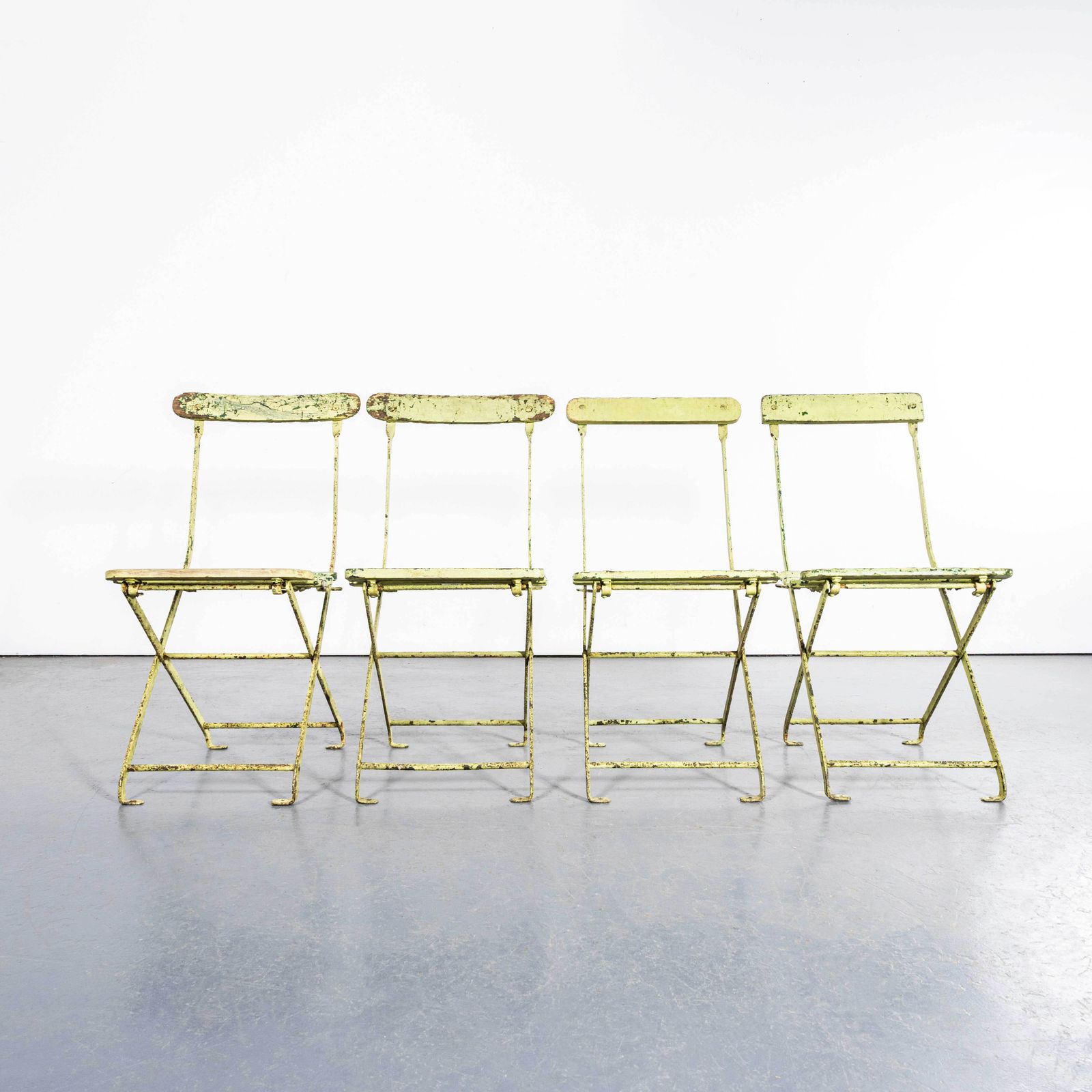 1950's Original English Pavilion Faded Green Folding Chairs   Set Of Four