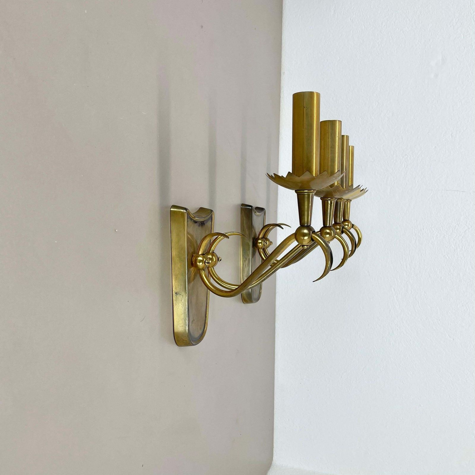 Unique Set Of 2 Brass Gio Ponti Style Theatre Wall Light Sconces, Italy, 1950s photo for sale