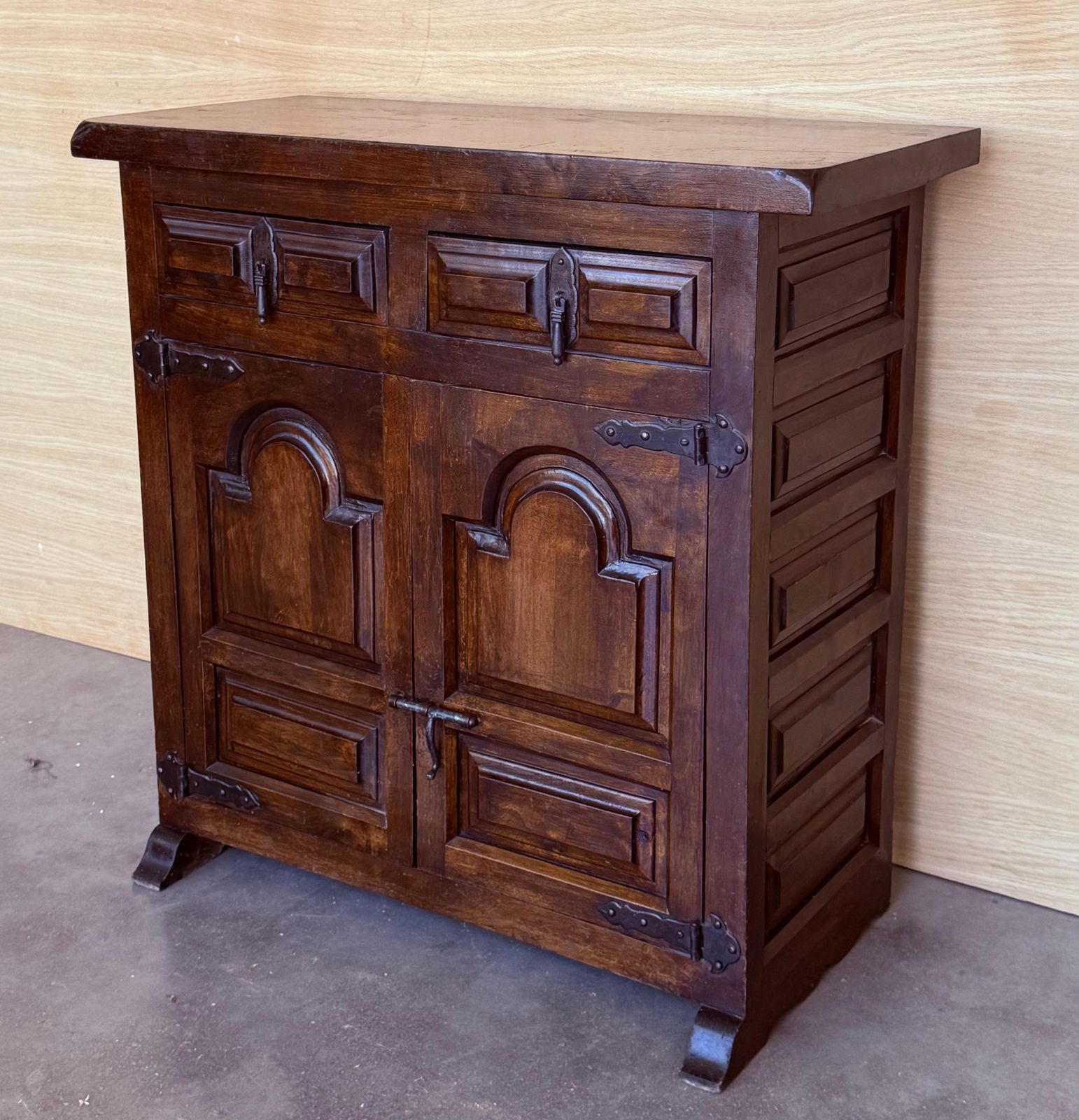19th Spanish Baroque Carved Walnut Narrow Two Drawer Credenza Or Buffet photo for sale