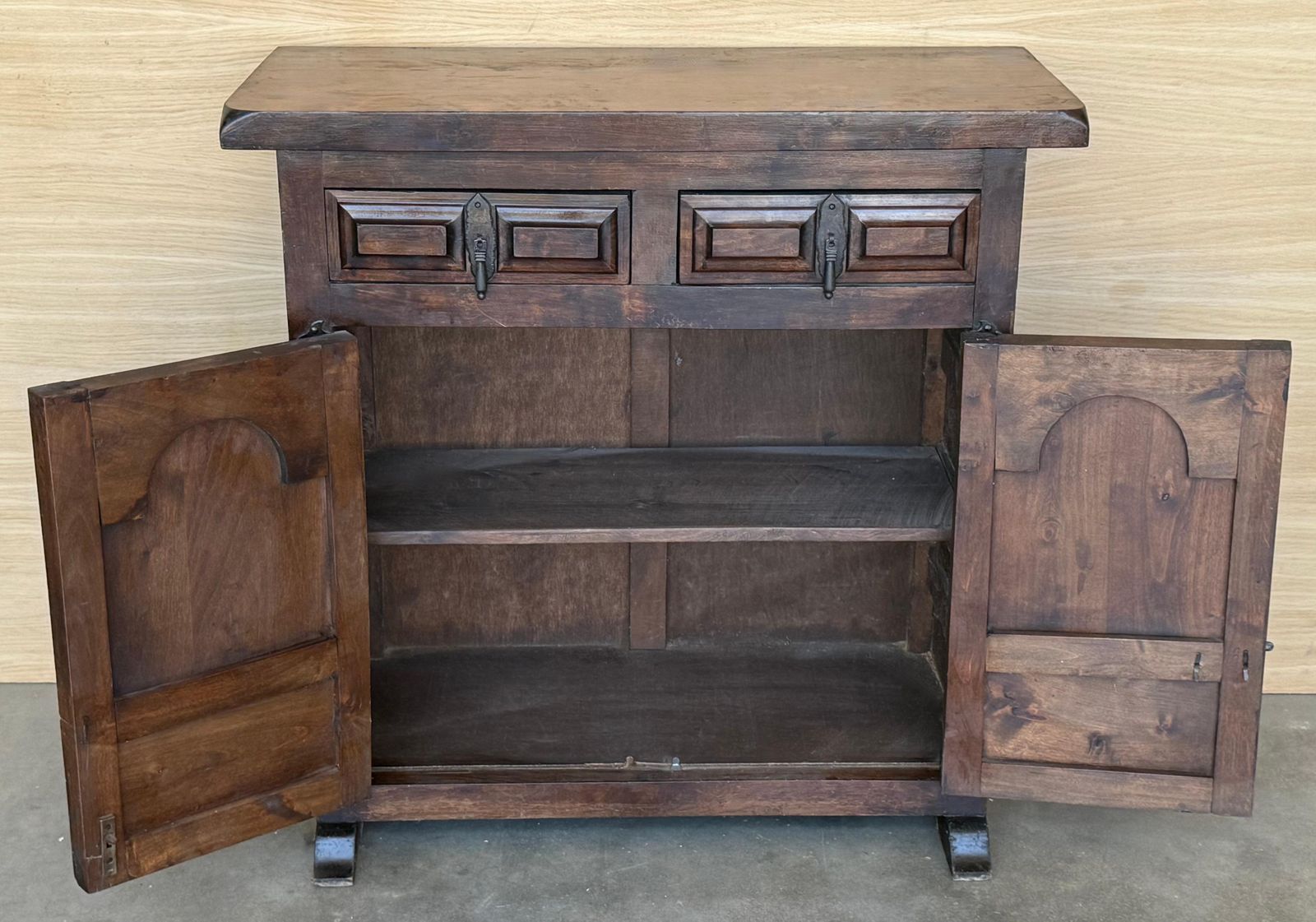 19th Spanish Baroque Carved Walnut Narrow Two Drawer Credenza Or Buffet photo buy