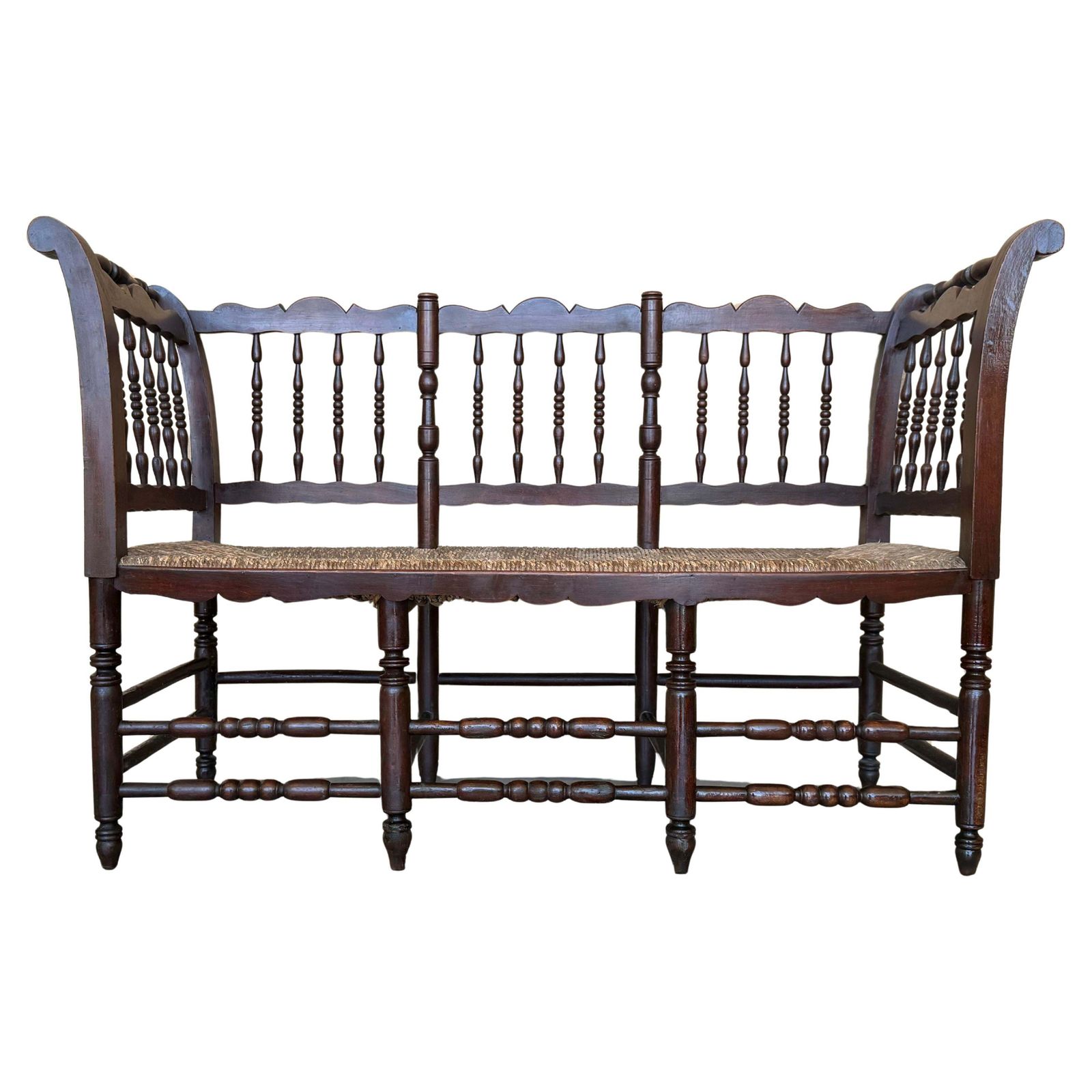 20th Century Catalan Bench In Solid Walnut With Caned Seat, Three Seats