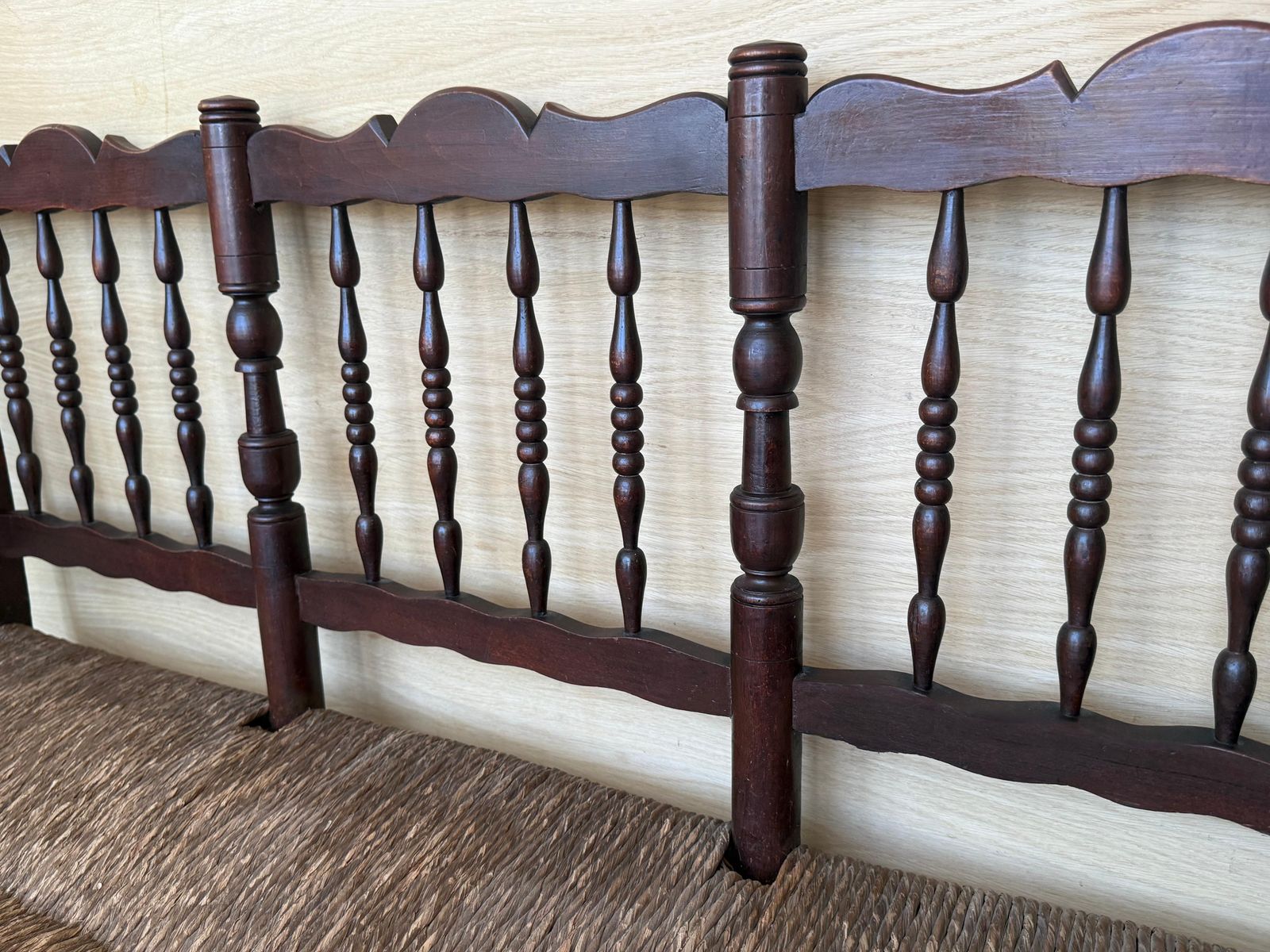 photo furniture 20th Century Catalan Bench In Solid Walnut With Caned Seat, Three Seats