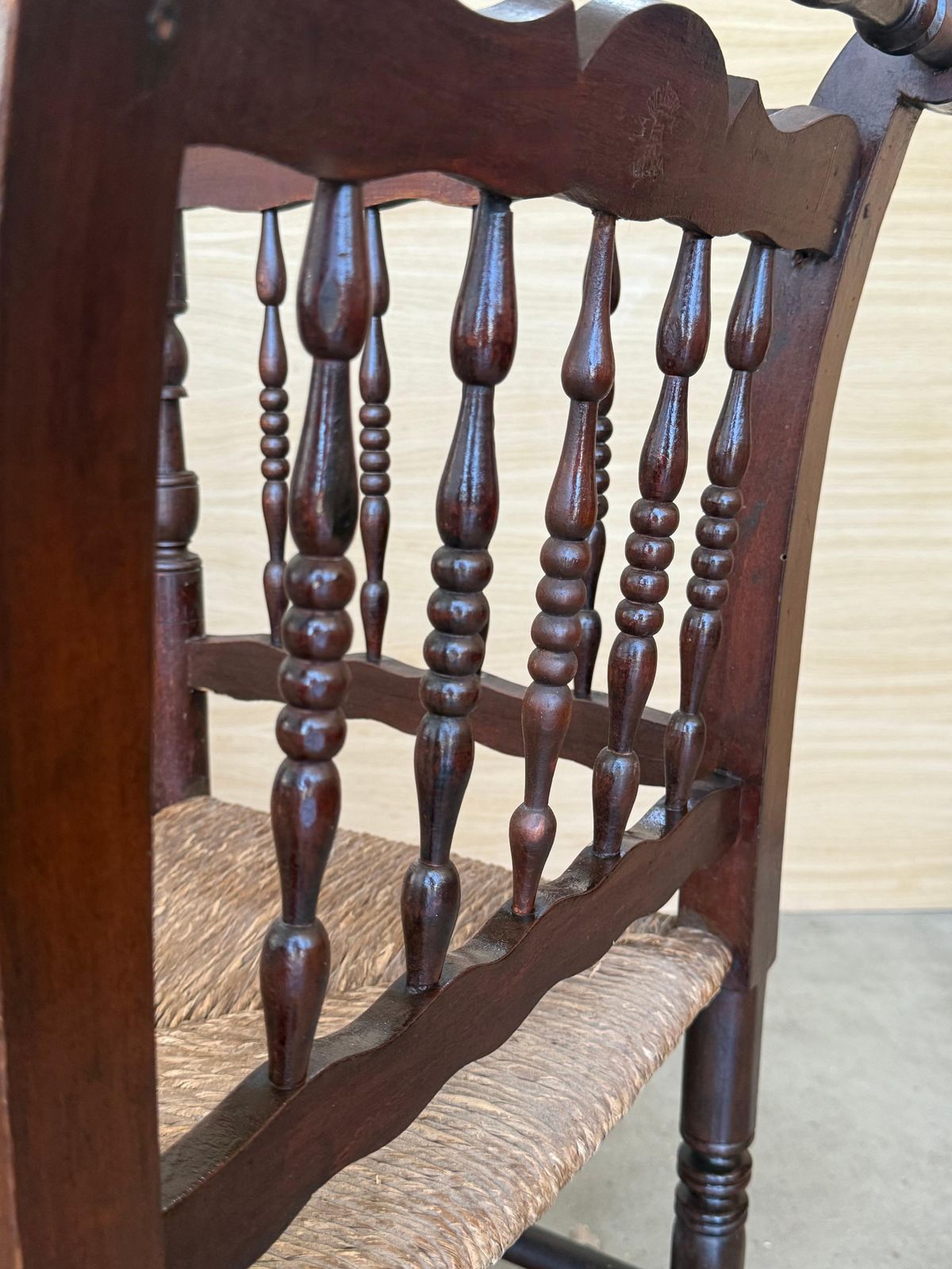 photo for sale 20th Century Catalan Bench In Solid Walnut With Caned Seat, Three Seats