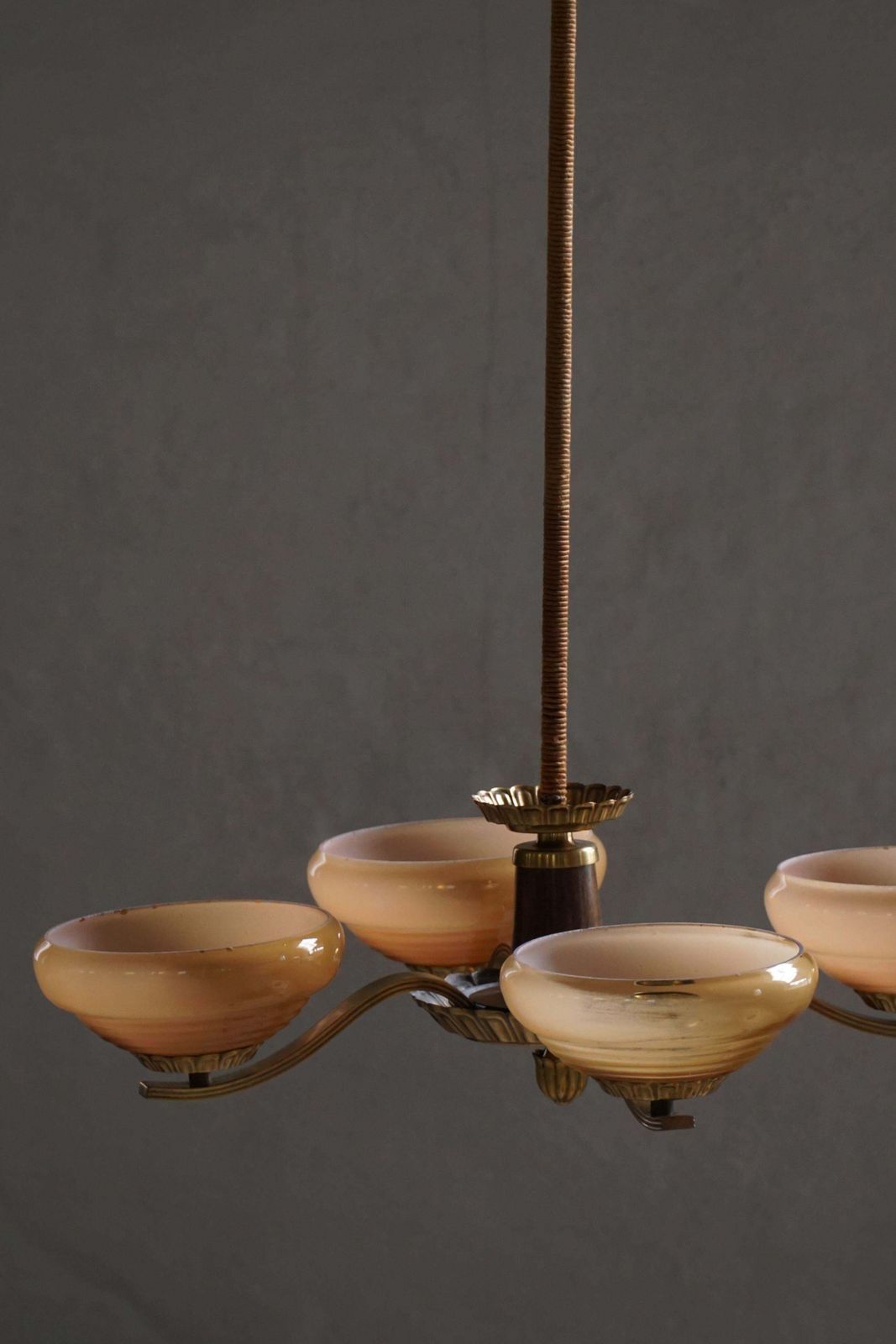 Art Deco 4 Arm Chandelier In Glass & Brass, Sweden, 1940s photo Lighting