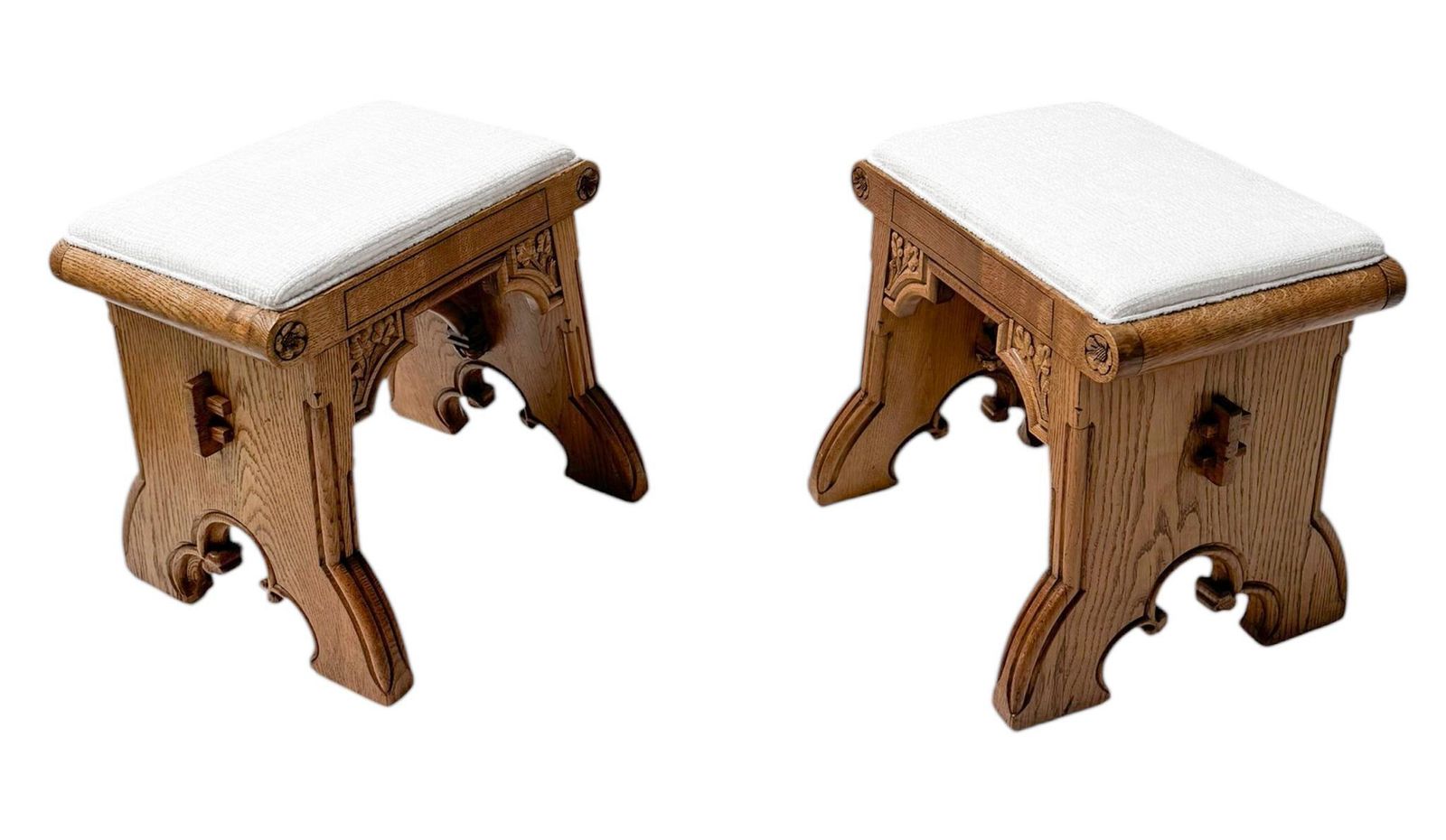 Arts & Crafts Hand Carved Oak Stools With Boucle Upholstery, 1900s photo vinterior