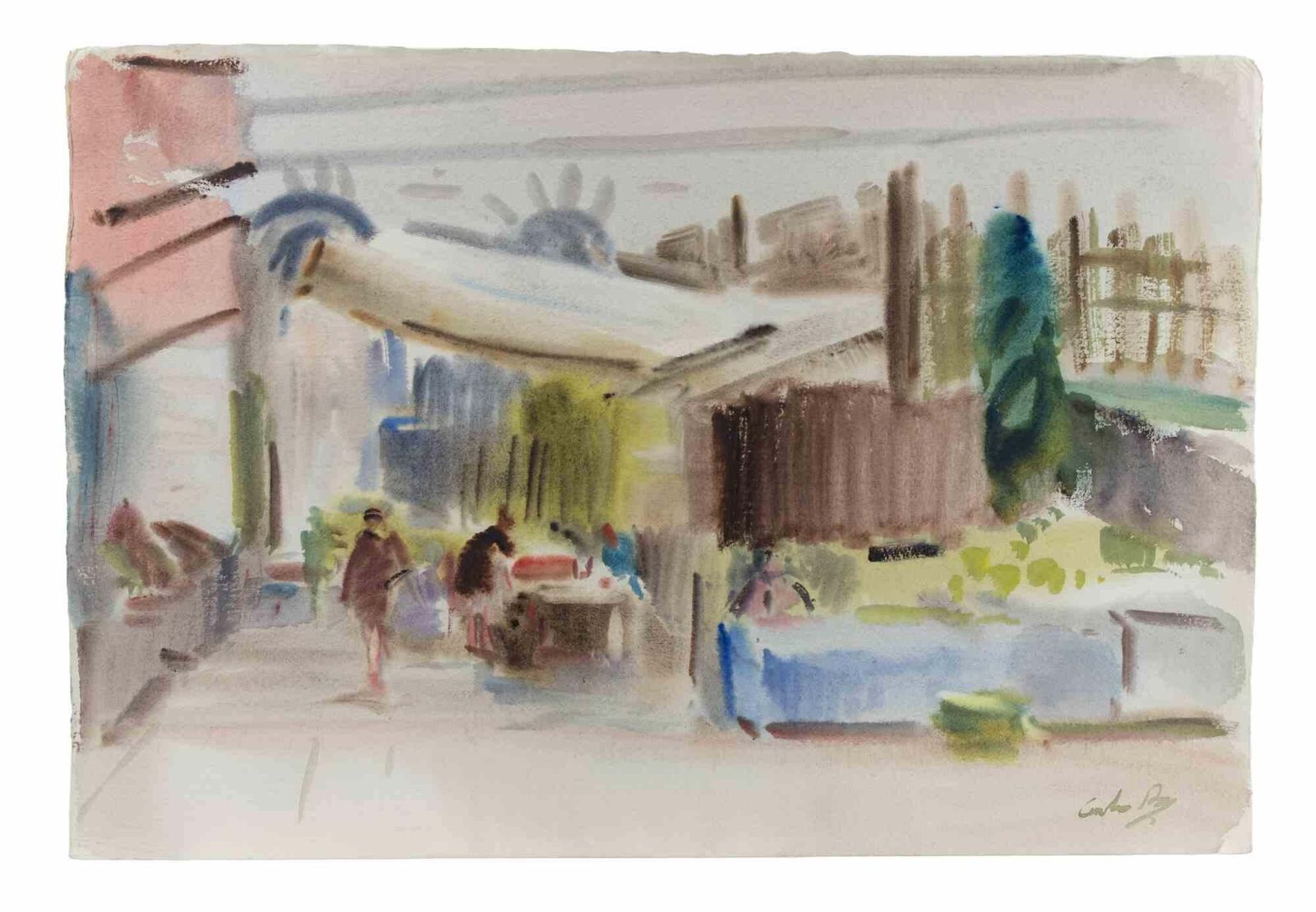 Carlo Ravagnanmarket In Venice   Drawing By Carlo Ravagnan   1970s1970s