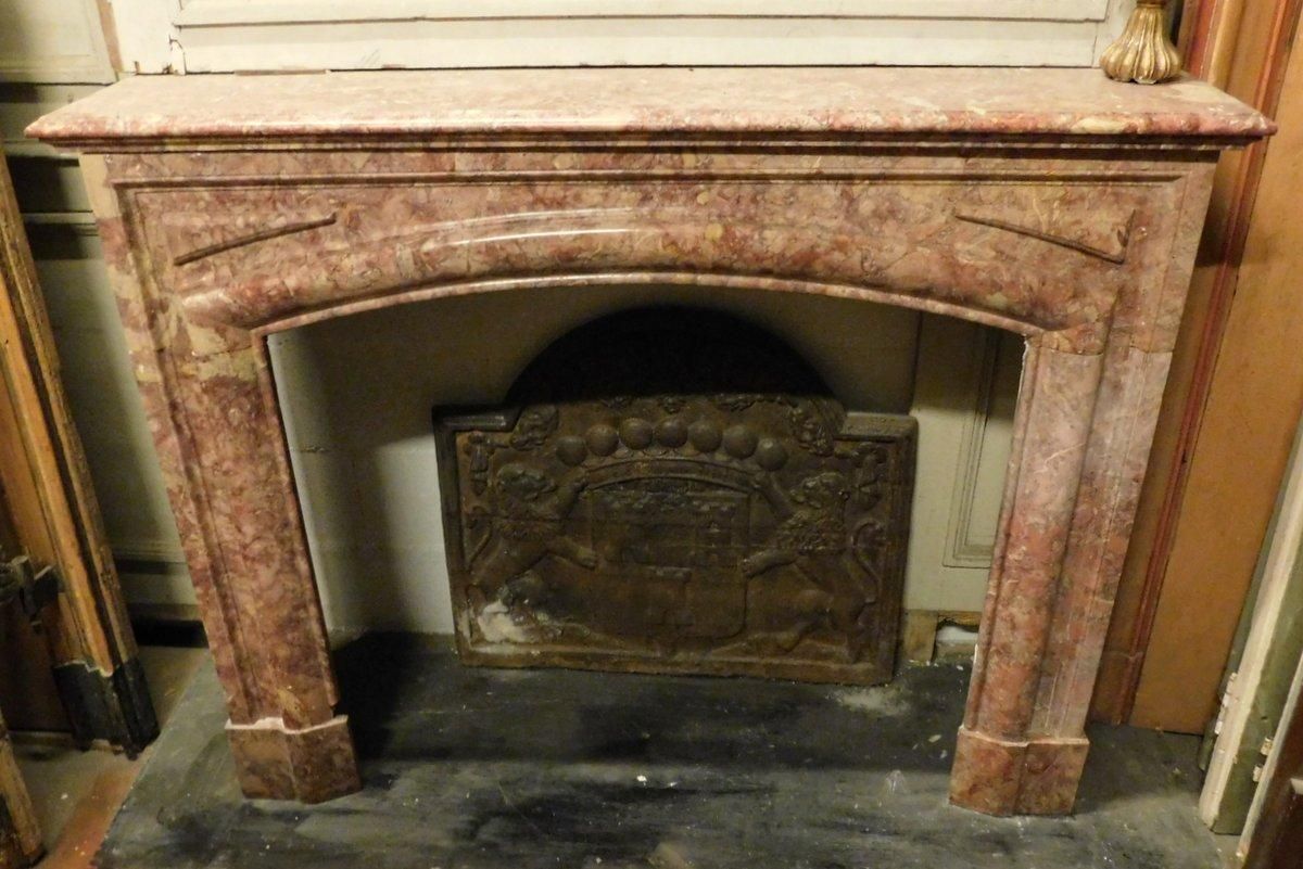 Fireplace Mantel In Red Marble, Carved Linear, Italy photo for sale