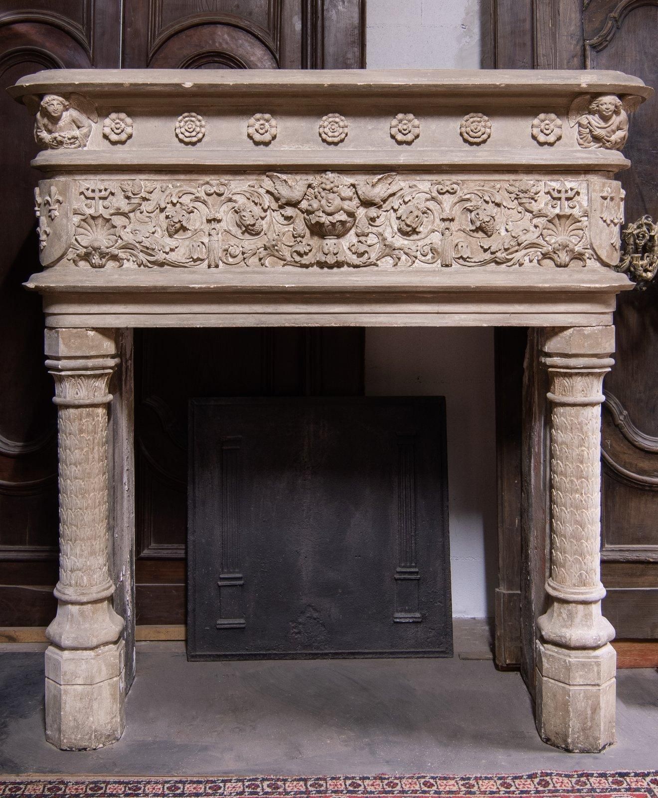 Fireplace Mantel In Gray Stone, Richly Carved With Birds, Flowers And Cherubs photo furniture