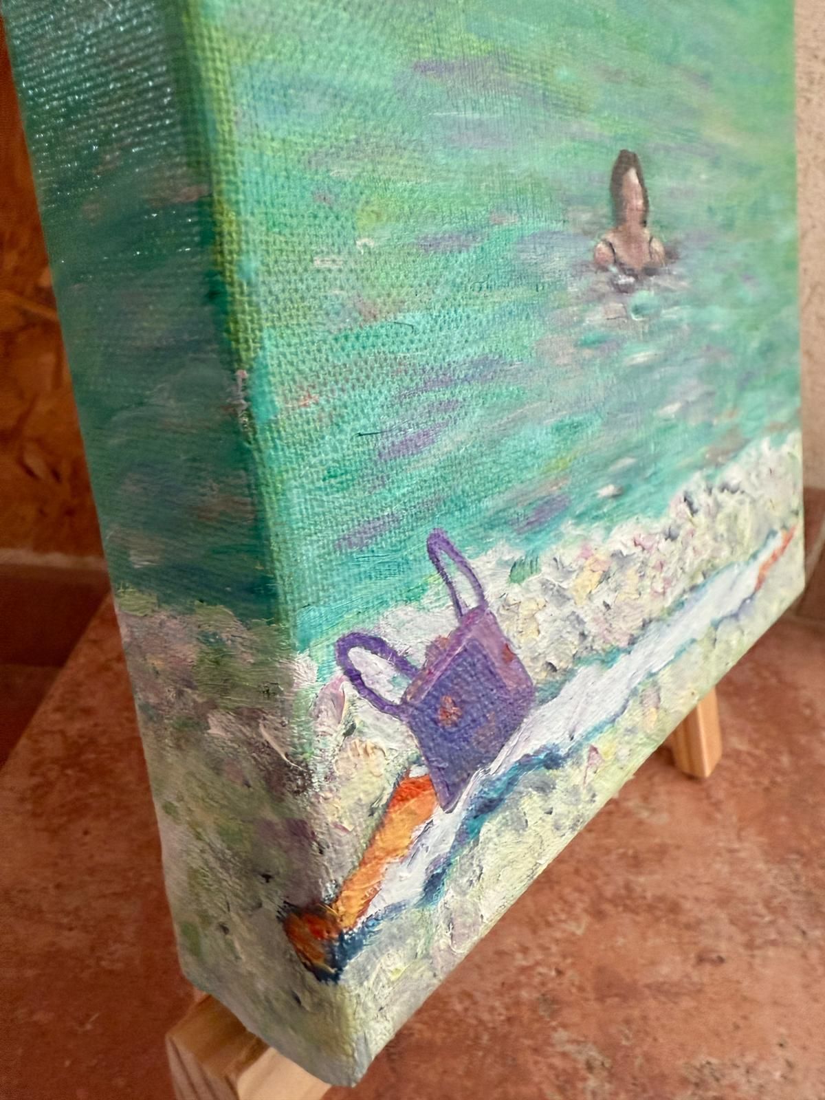 Bernadette Van Baarsen Turquoise And Violet Provençal Beach Scene.  'The Shopping Bag'. Oil On Canvas.2025 photo vintage