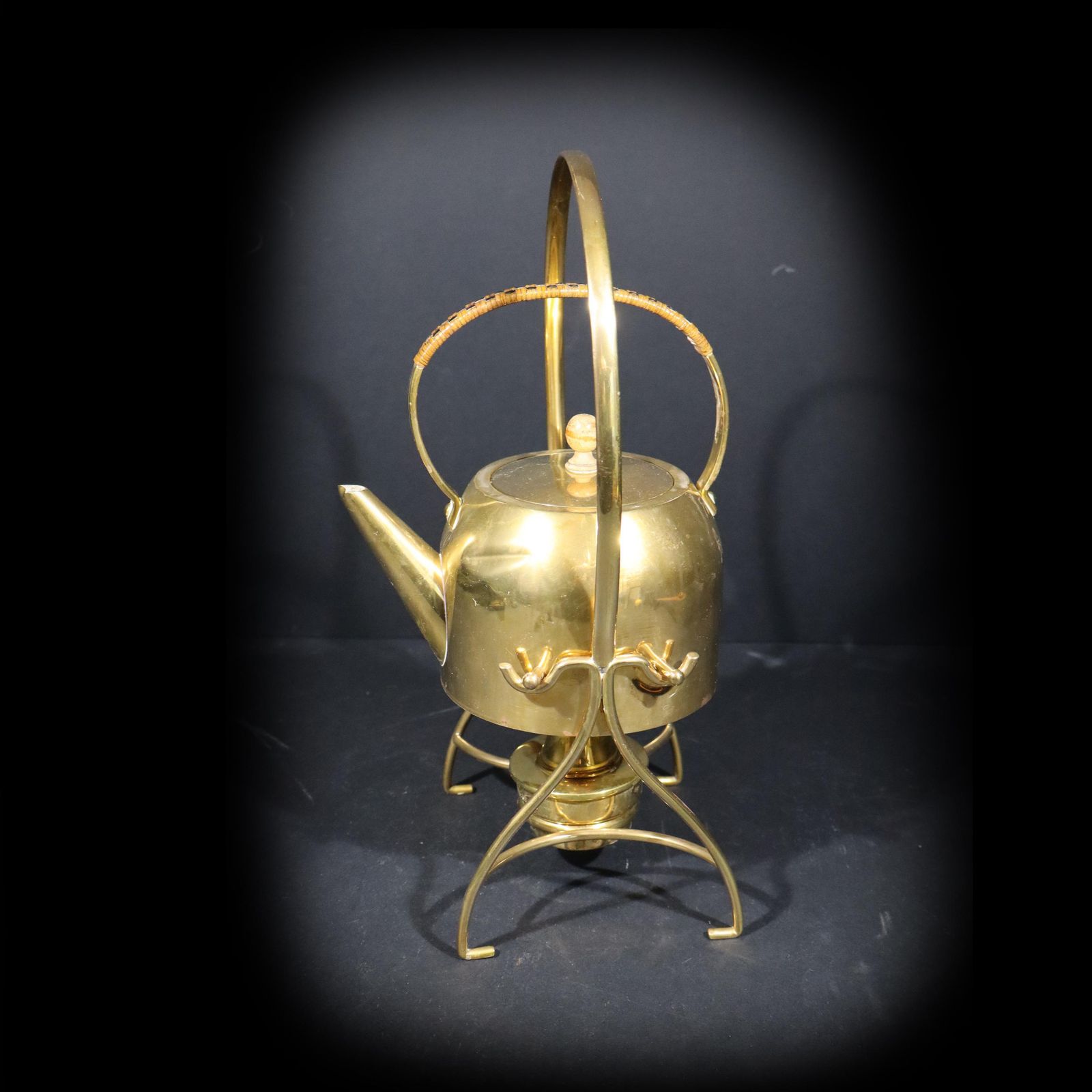 Art Nouveau Copper Tea Kettle French Antique Brass & Copper Tilting Teapot Stand With Burner photo for sale