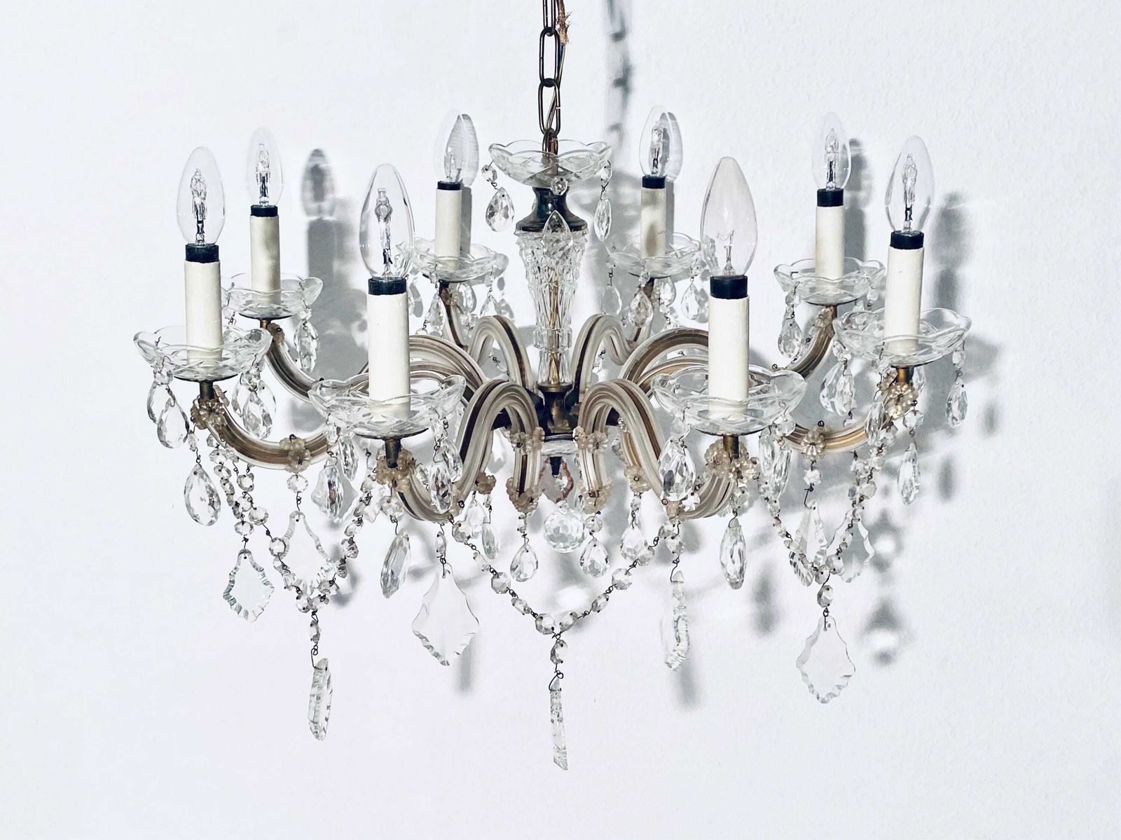 Vintage Richard Essig Eight Armed Chandelier Ceiling Lamp With Crystal Glass / 1950s