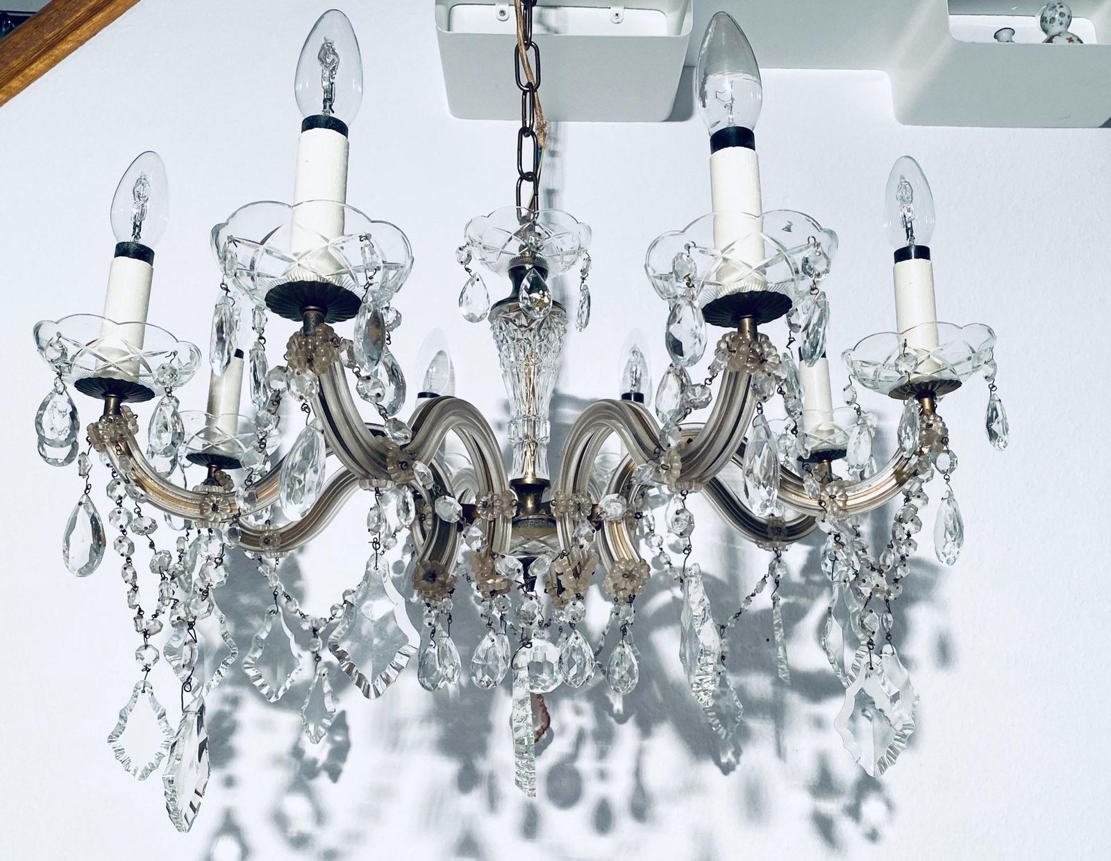 Vintage Richard Essig Eight Armed Chandelier Ceiling Lamp With Crystal Glass / 1950s photo Lighting