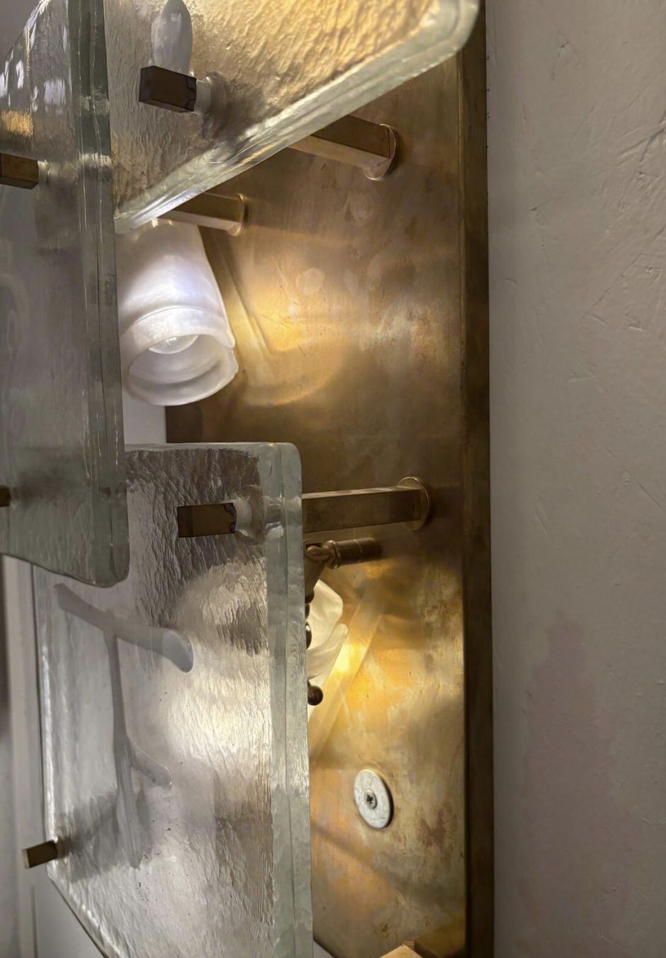 Mid Century Modern Pair Of Wall Lights, Glass And Brass, Italy photo buy