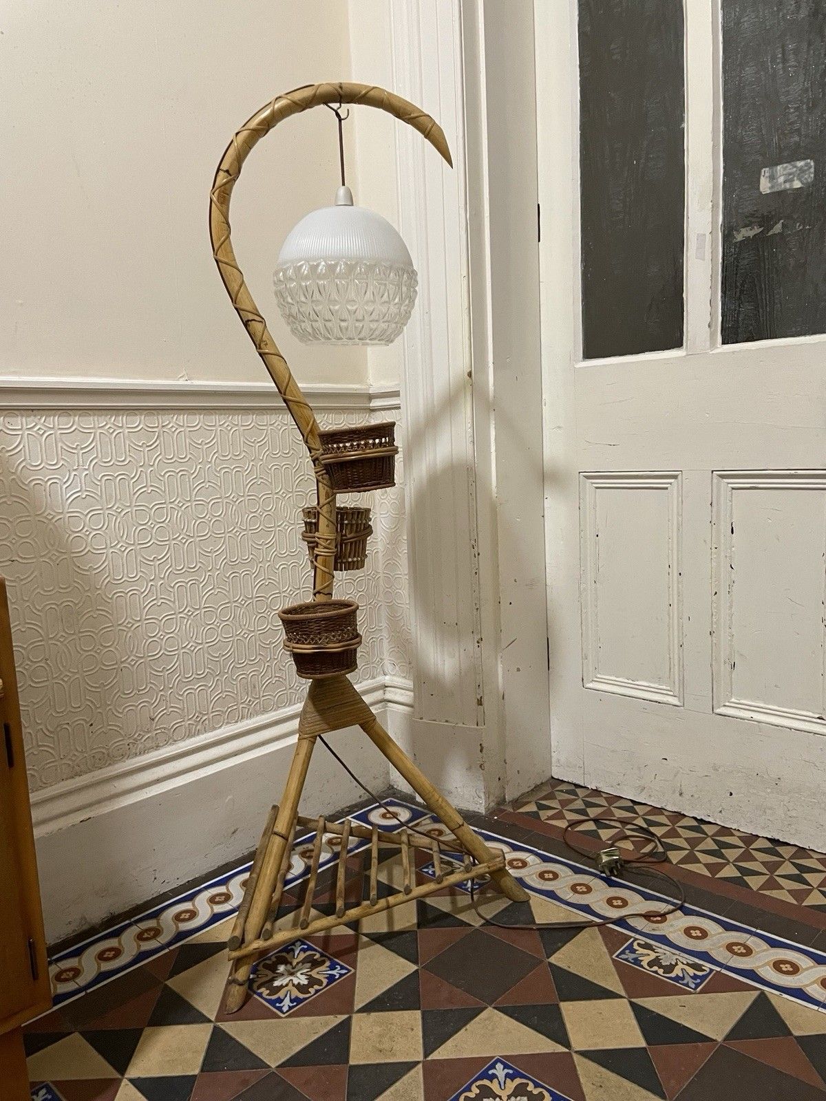 photo buy Mid Century Bamboo Standard Lamp Gooseneck Tiki Plant Holder Vintage Glass Shade