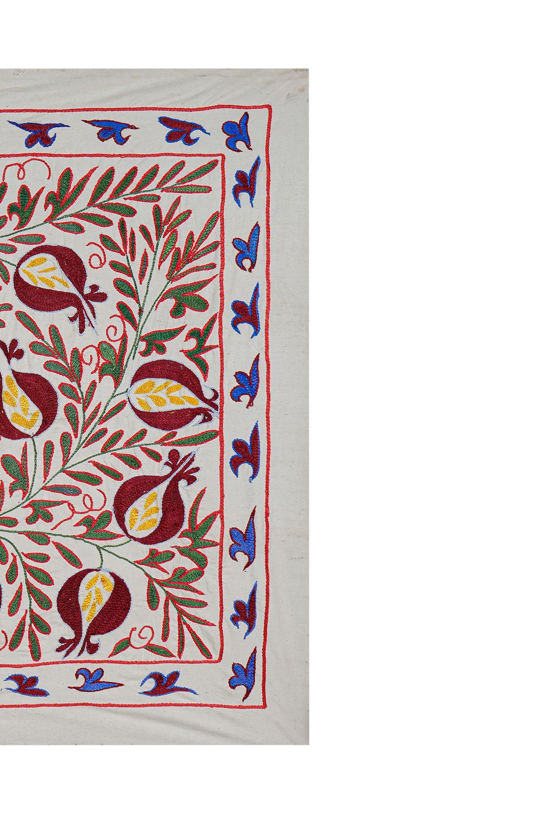 Square Suzani Wall Art With Red And Yellow Pomegranates – Embroidered Uzbek Textile 2'8'' X 3'2'' photo for sale