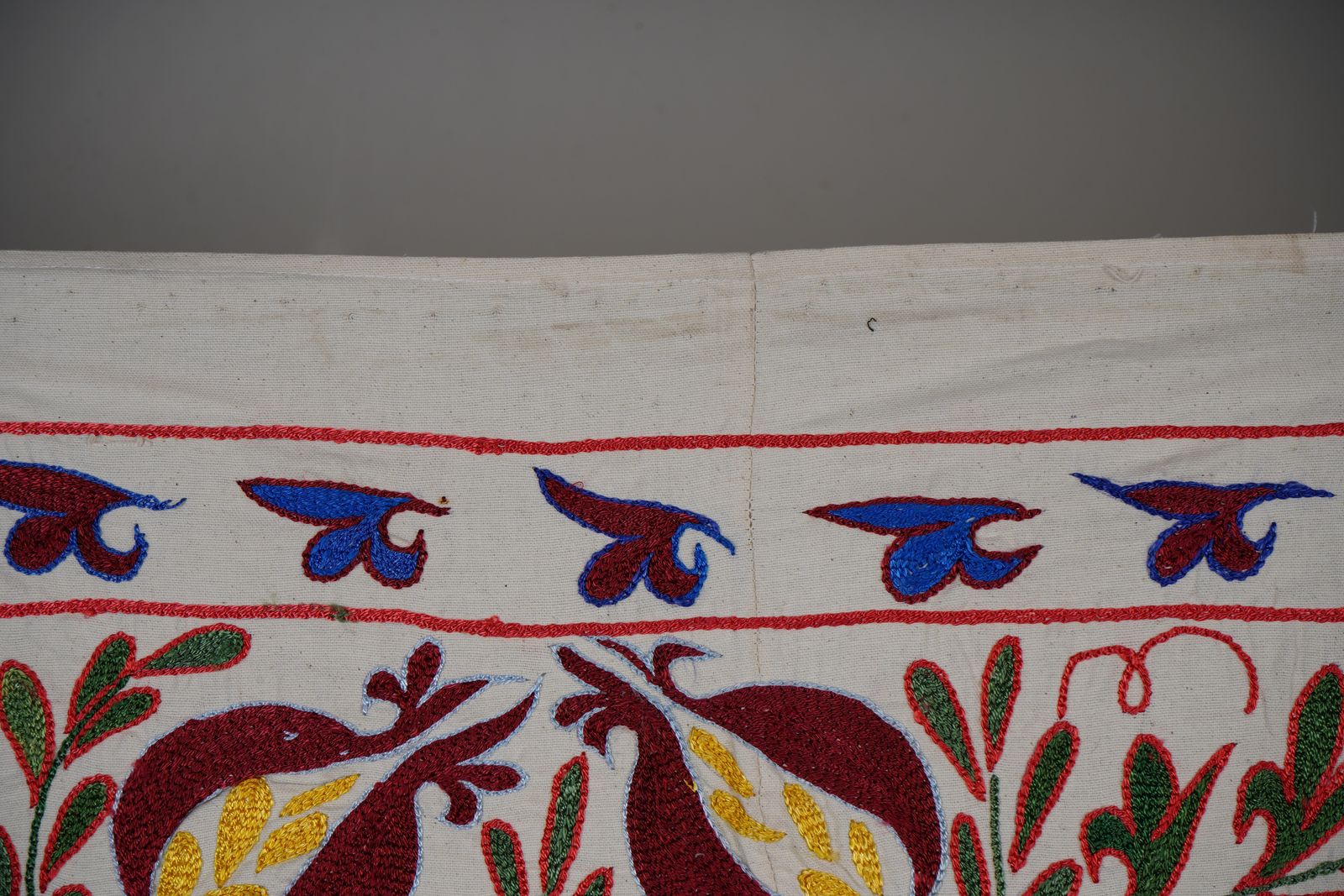 Square Suzani Wall Art With Red And Yellow Pomegranates – Embroidered Uzbek Textile 2'8'' X 3'2'' photo Textiles