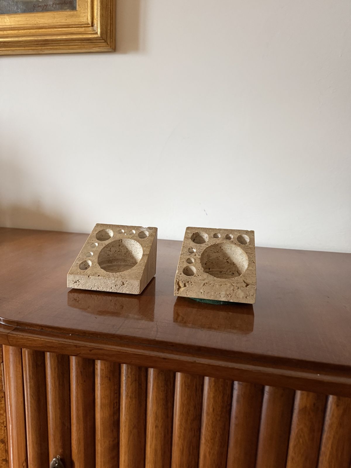 photo vintage Enzo Mari, Set Of 2 Travertine Desk Organizers, Danese Italy 1970s