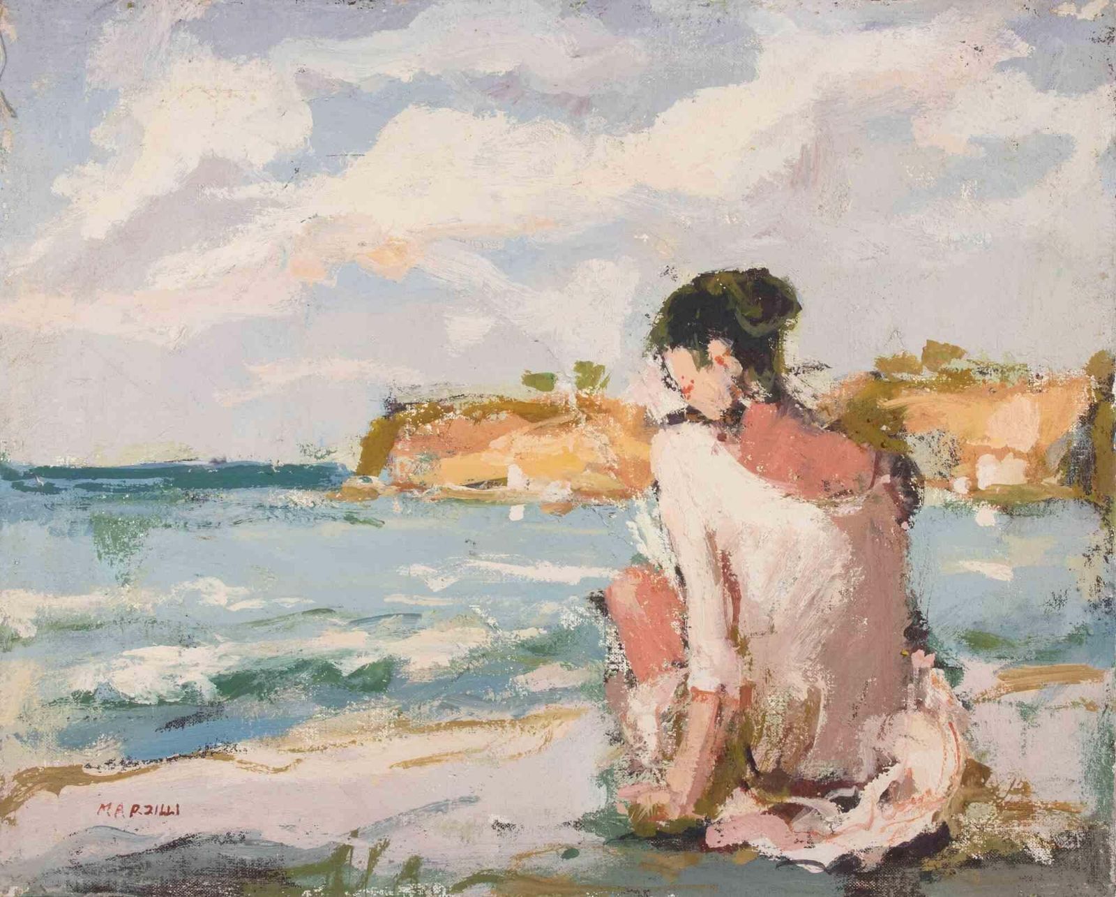 Franco Marzilli Ballerina In Front Of The Sea   Oil Painting By Franco Marzilli   1970s 1970s photo furniture