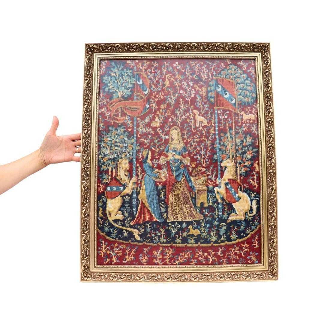 Vintage Large Wooden Golden Frame Needle Point Of The Lady And The Unicorn, Medieval Castlecore Style Wall Framed Art