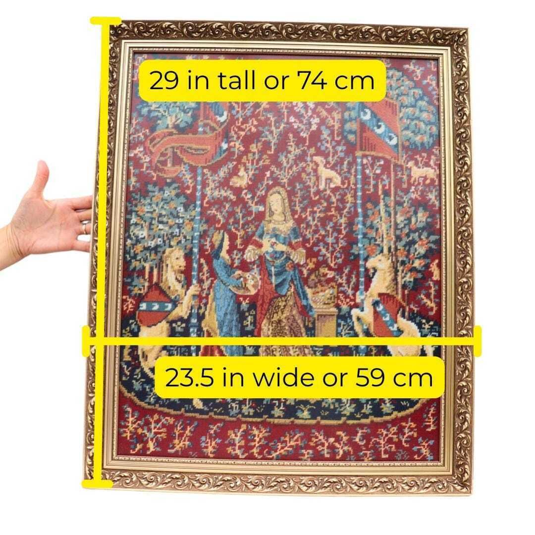 Vintage Large Wooden Golden Frame Needle Point Of The Lady And The Unicorn, Medieval Castlecore Style Wall Framed Art photo Art