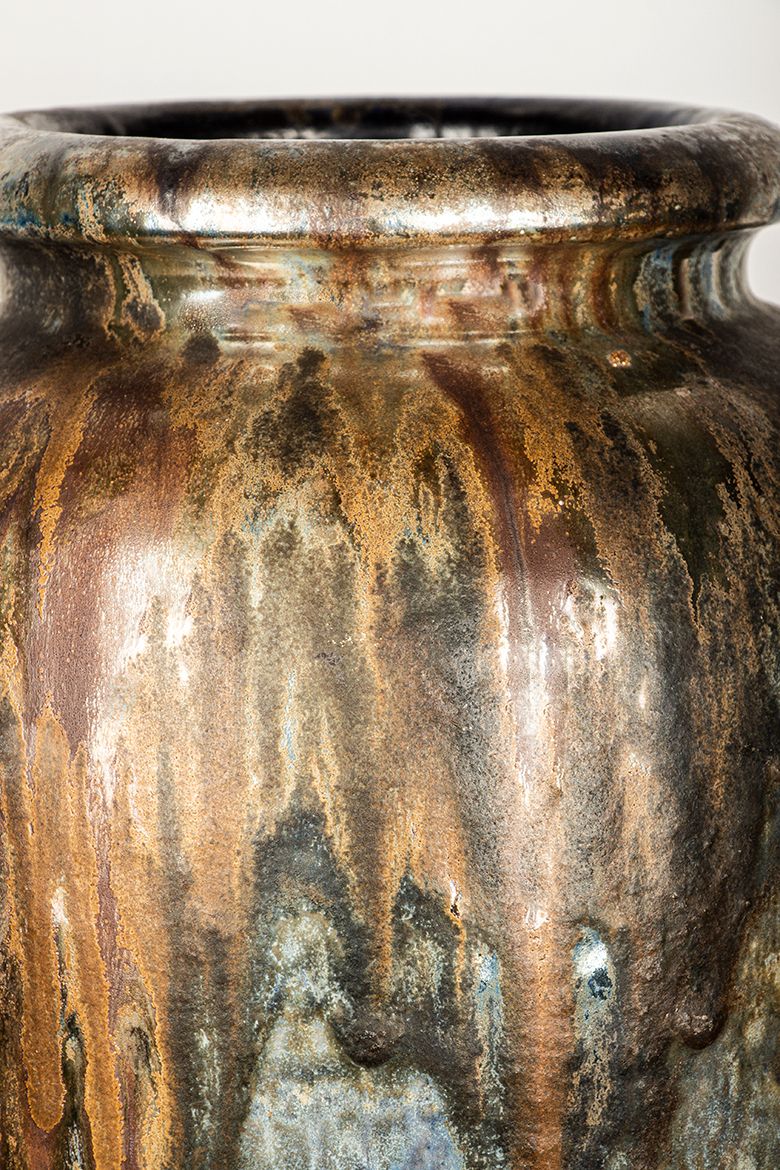 Grand vase Art déco en grès émaillé irisé bleu, par Roger Guérin, années 1930. photo 1750.0