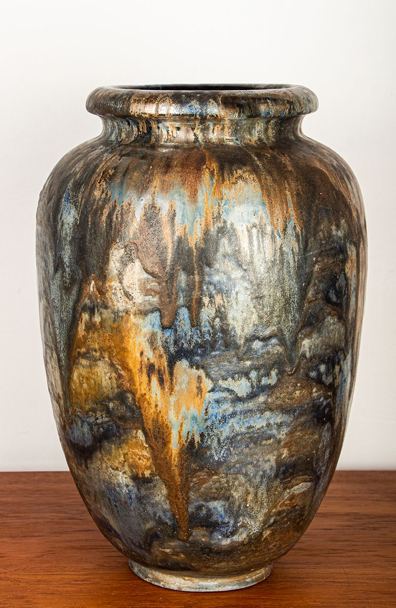 Grand vase Art déco en grès émaillé irisé bleu, par Roger Guérin, années 1930. photo vinterior