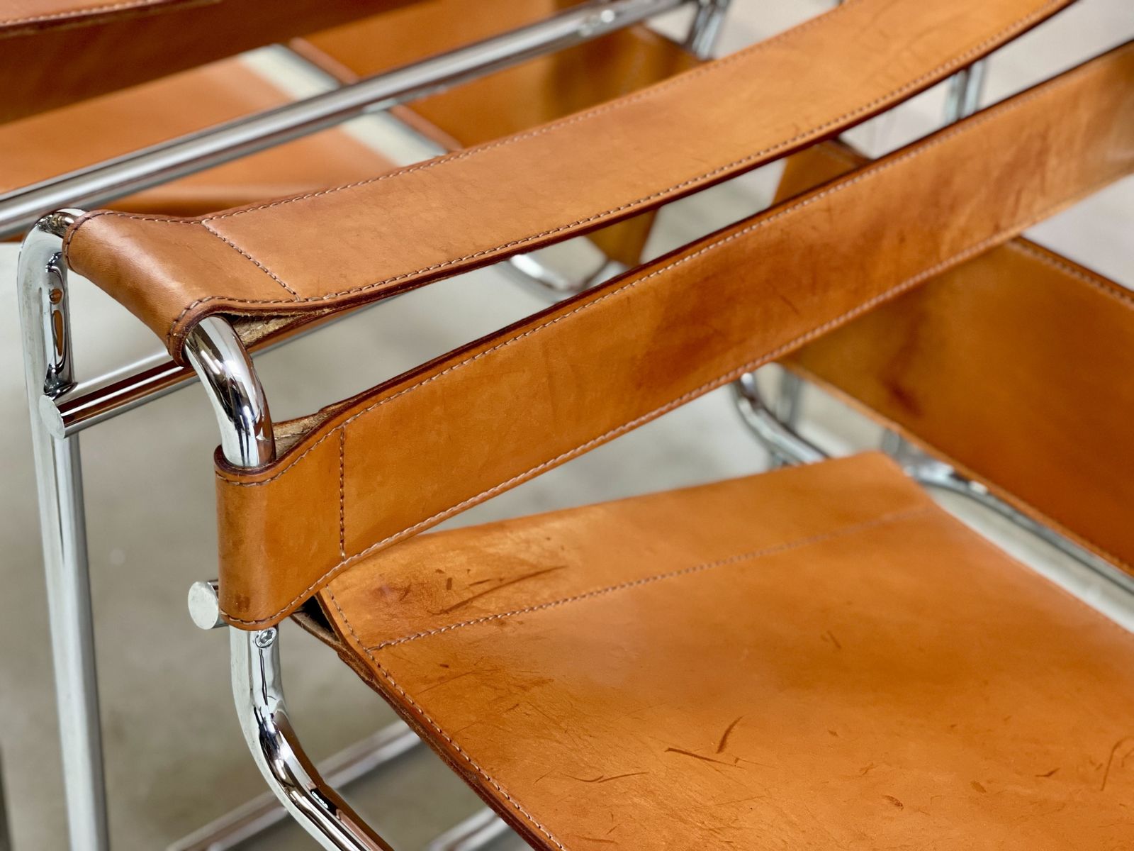 Wassily B3 Chair. Pair. By Fasem Not Knoll For Marcel Breuer. Brown Tan Leather And Chrome Bauhaus Lounge Club Accent Chairs. photo furniture
