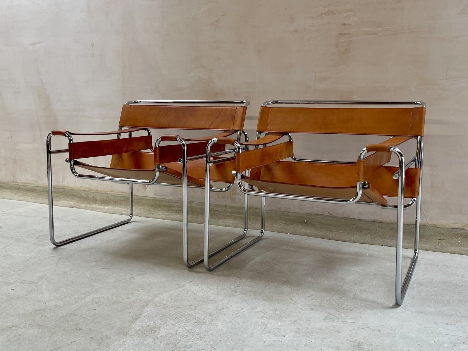 Wassily B3 Chair. Pair. By Fasem Not Knoll For Marcel Breuer. Brown Tan Leather And Chrome Bauhaus Lounge Club Accent Chairs. photo for sale