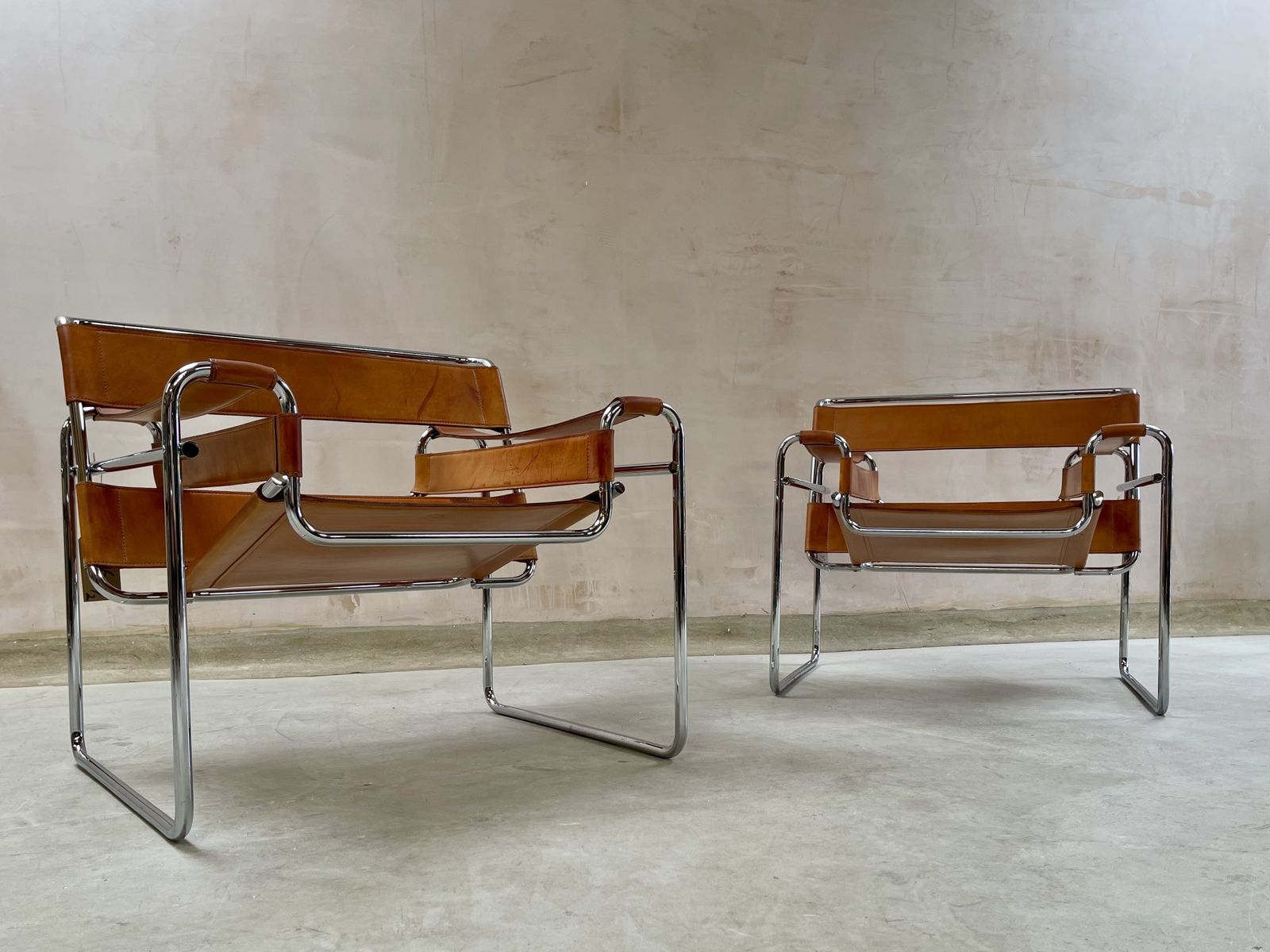 Wassily B3 Chair. Pair. By Fasem Not Knoll For Marcel Breuer. Brown Tan Leather And Chrome Bauhaus Lounge Club Accent Chairs. photo Furniture