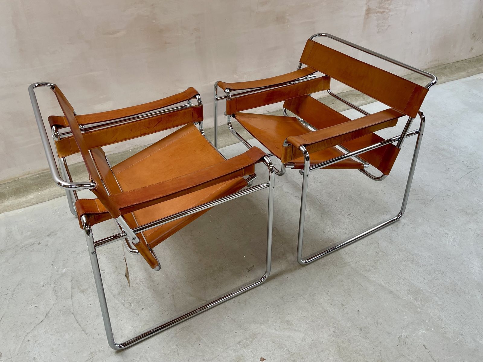 Wassily B3 Chair. Pair. By Fasem Not Knoll For Marcel Breuer. Brown Tan Leather And Chrome Bauhaus Lounge Club Accent Chairs. photo vintage
