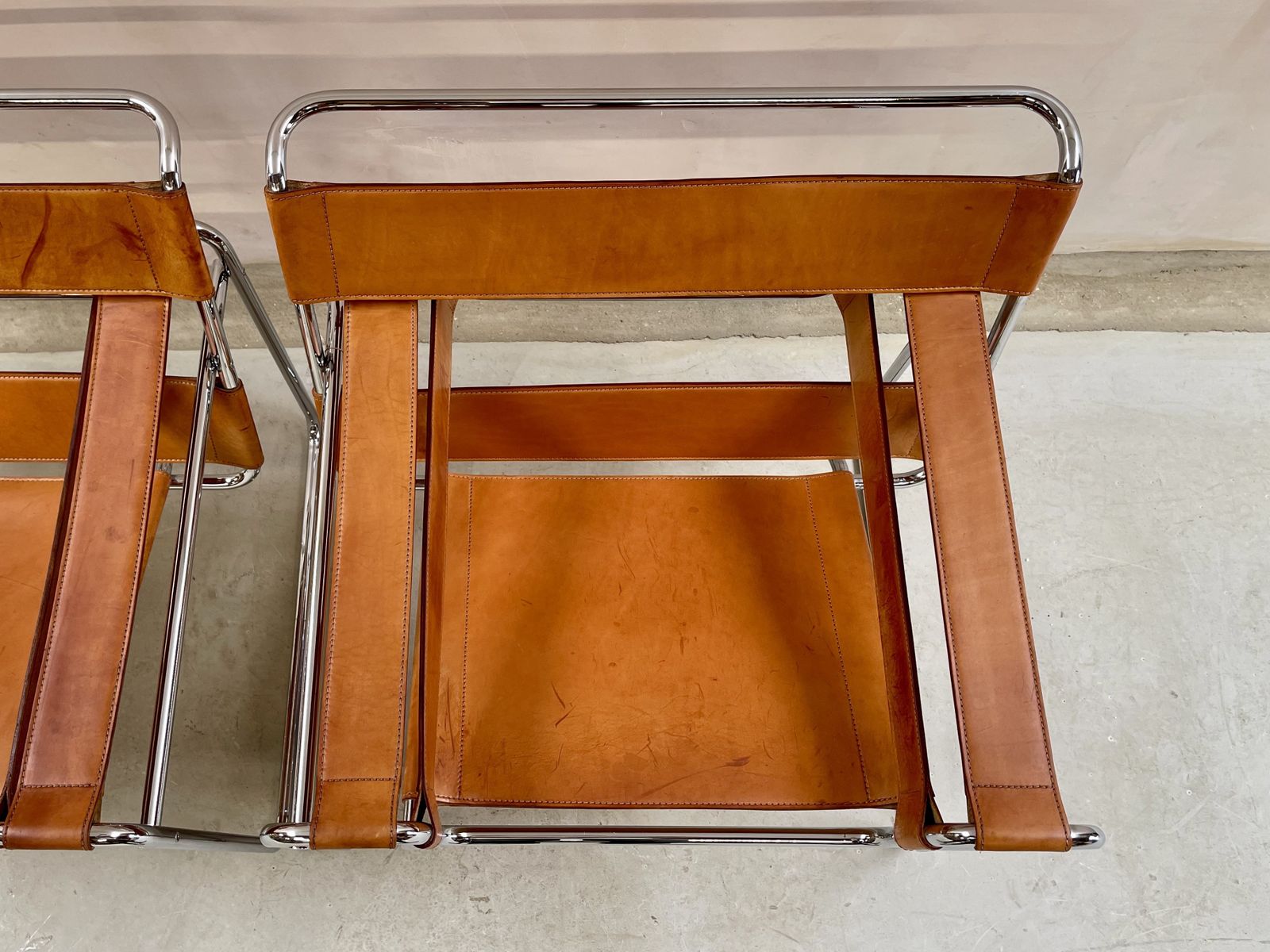 photo for sale Wassily B3 Chair. Pair. By Fasem Not Knoll For Marcel Breuer. Brown Tan Leather And Chrome Bauhaus Lounge Club Accent Chairs.